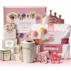 Pink themed birthday gift for women basket with tumbler and blanket