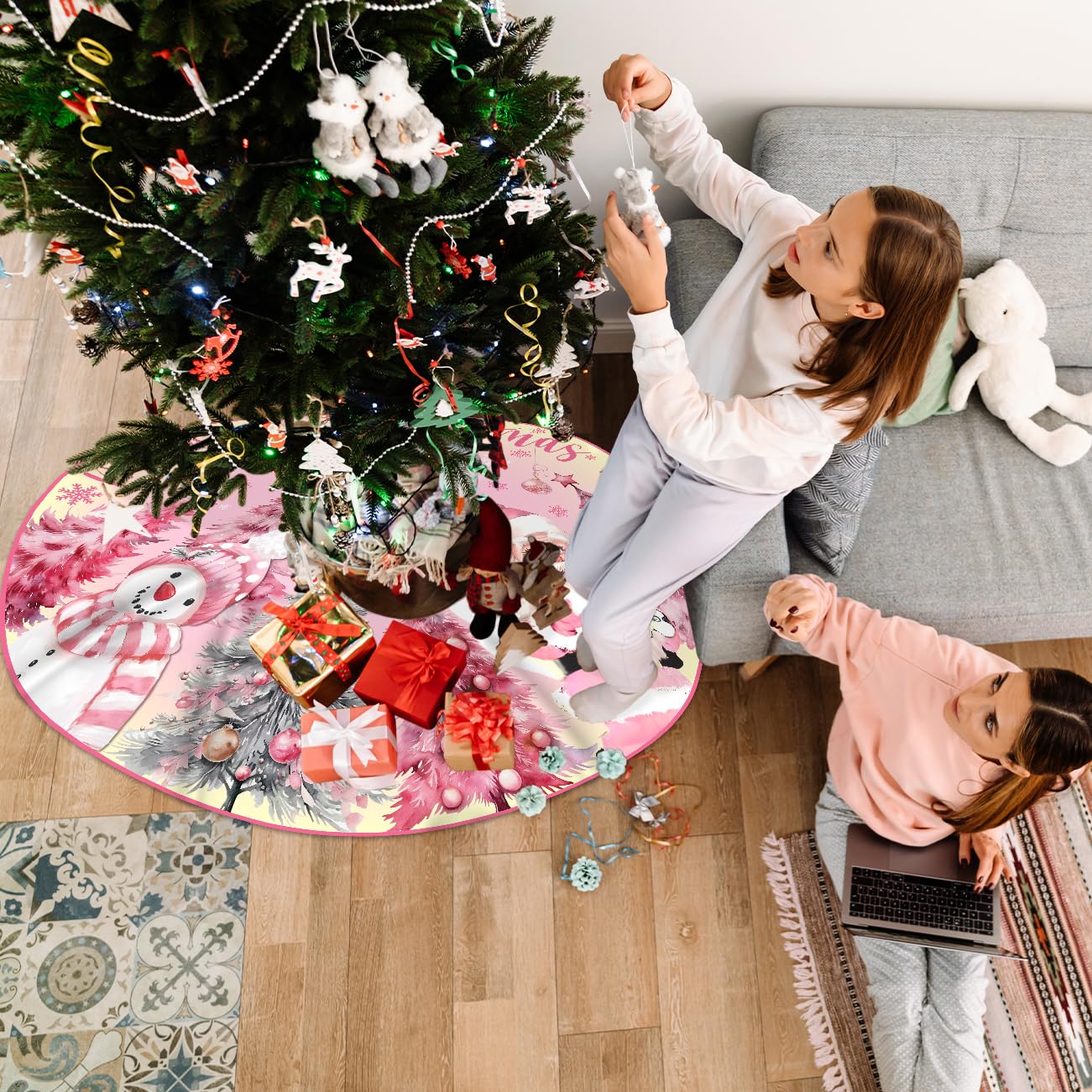 Merry Christmas themed pink tree skirt for home decor