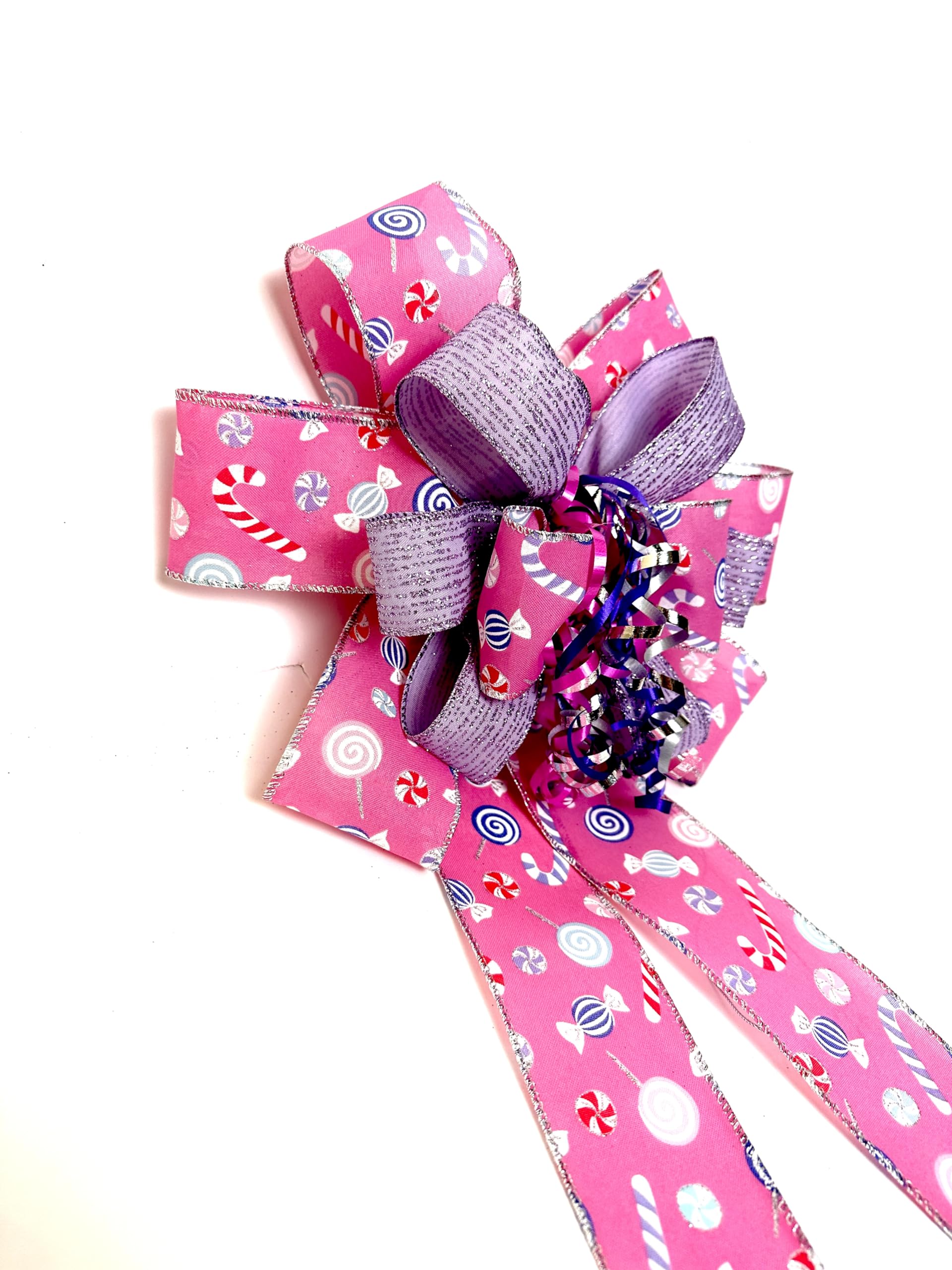 Candy motif ribbons on Pink Whimsy Candy Bow for wreath