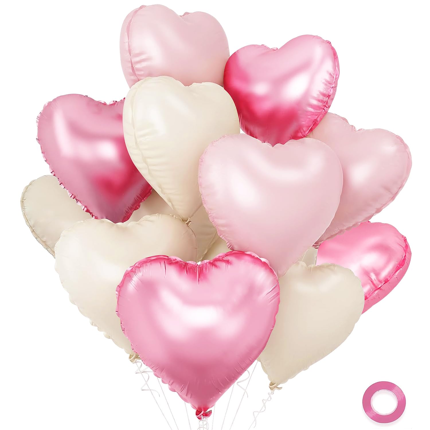 Pink and White Balloons pack of 15 heart shaped foil balloons in three colors