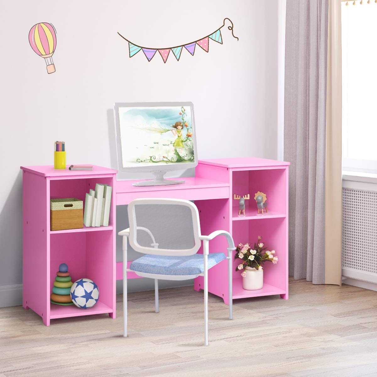 Pink white vanity storage shelves and lockers