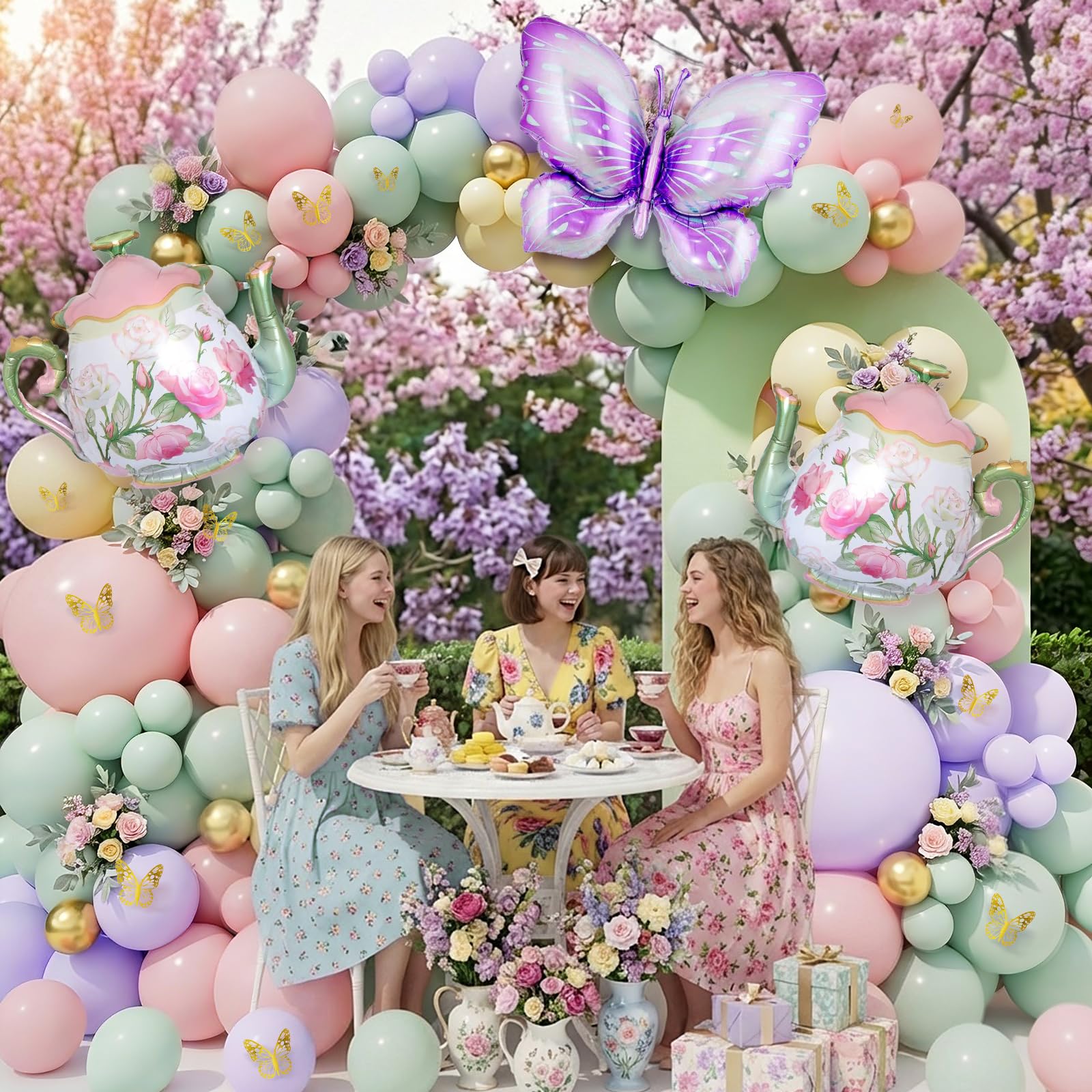 Teapot and butterfly foil balloons with pastel balloons in kit