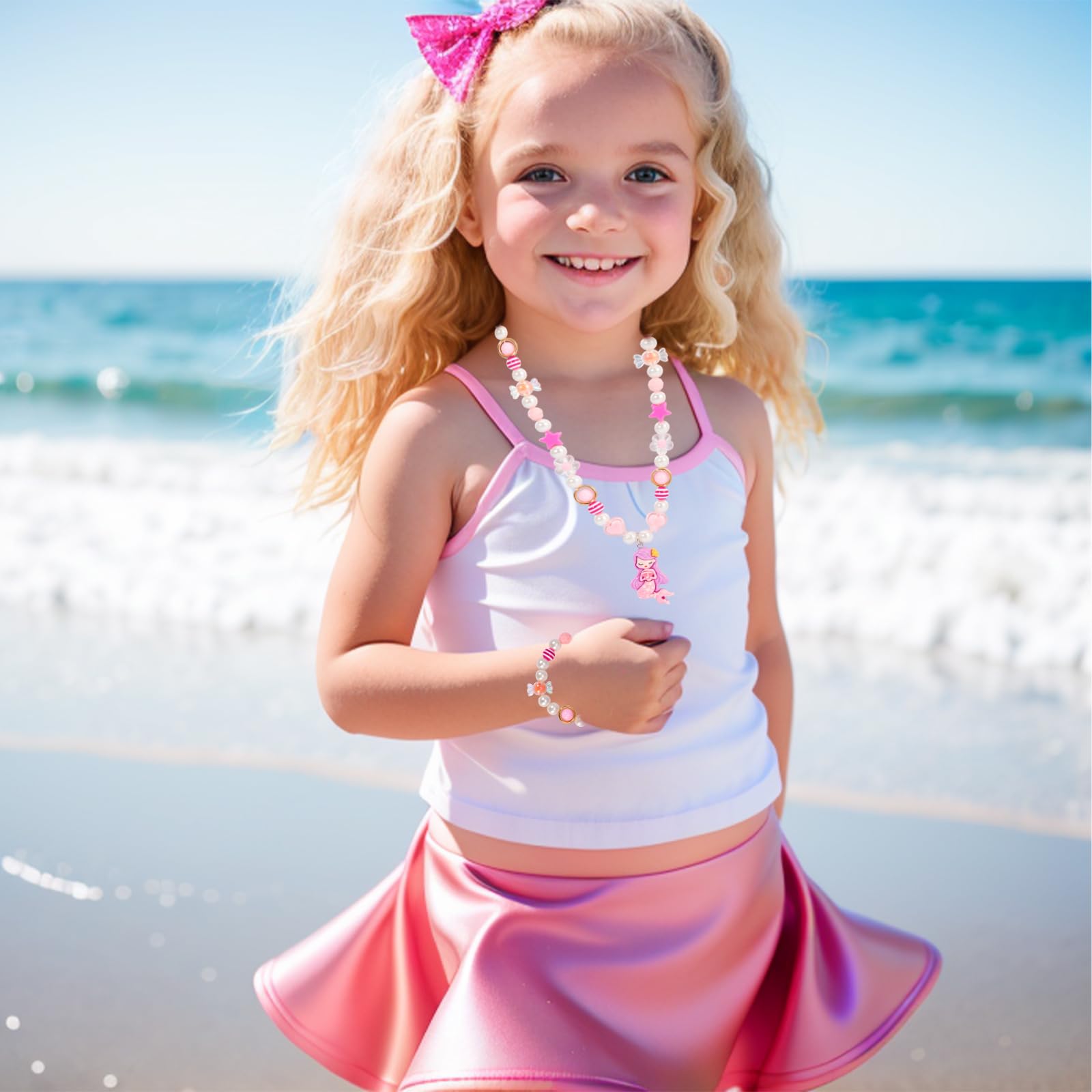 Beaded necklace and bracelet set in pink rainbow colors with unicorn charm for girls