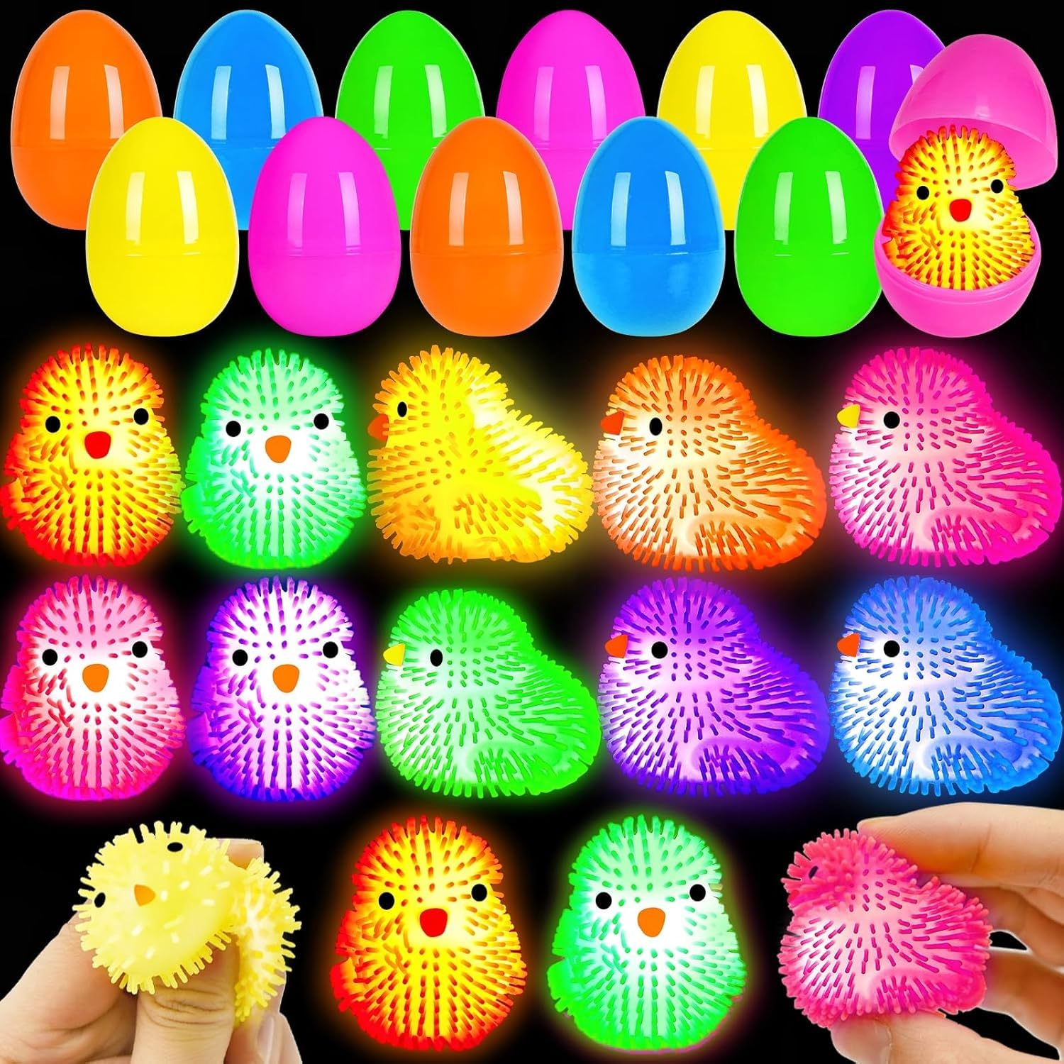PIONJOY 12 Pack Easter Eggs filled with LED Chick Puffer Balls in gift box