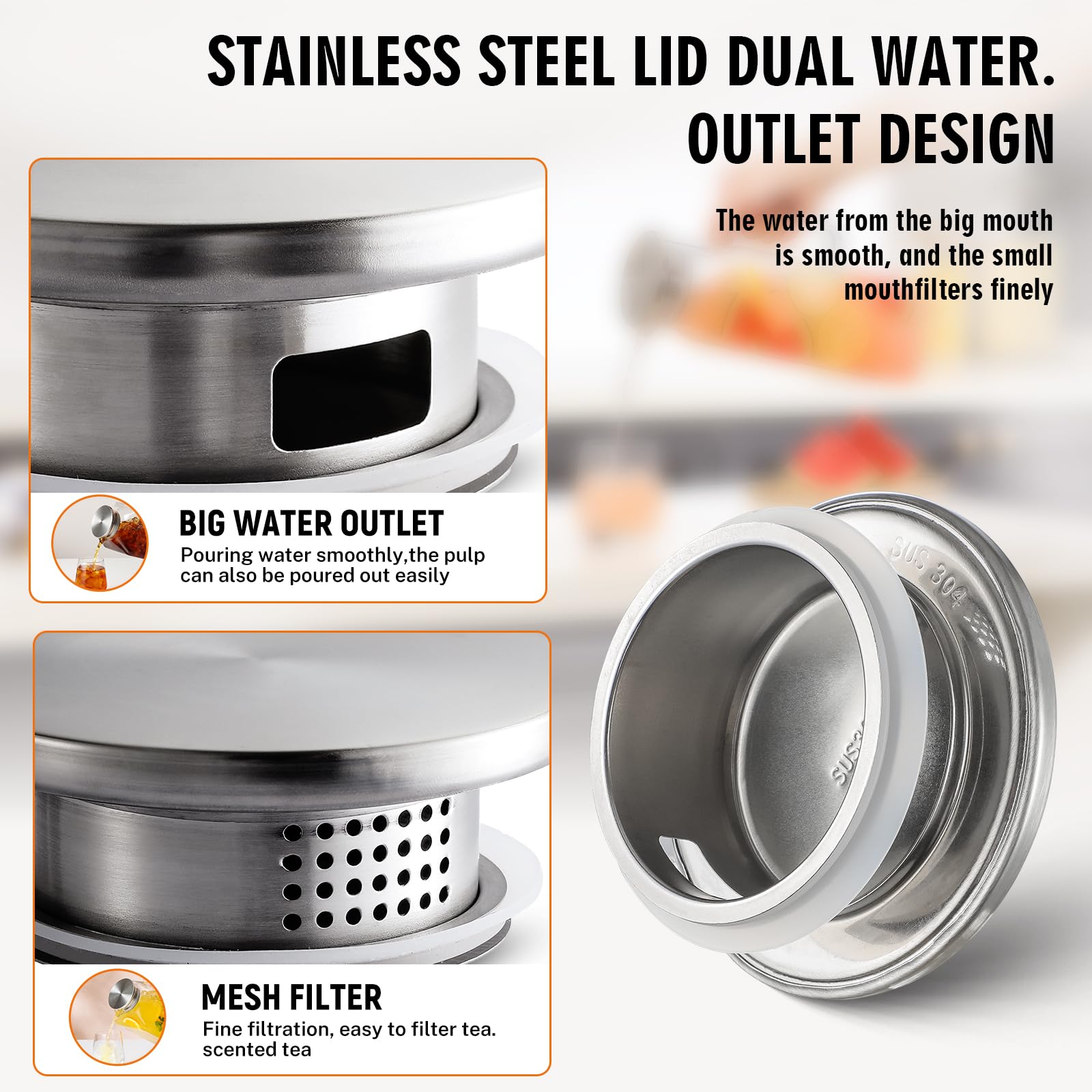 stainless steel lid with dual pouring options for pitcher