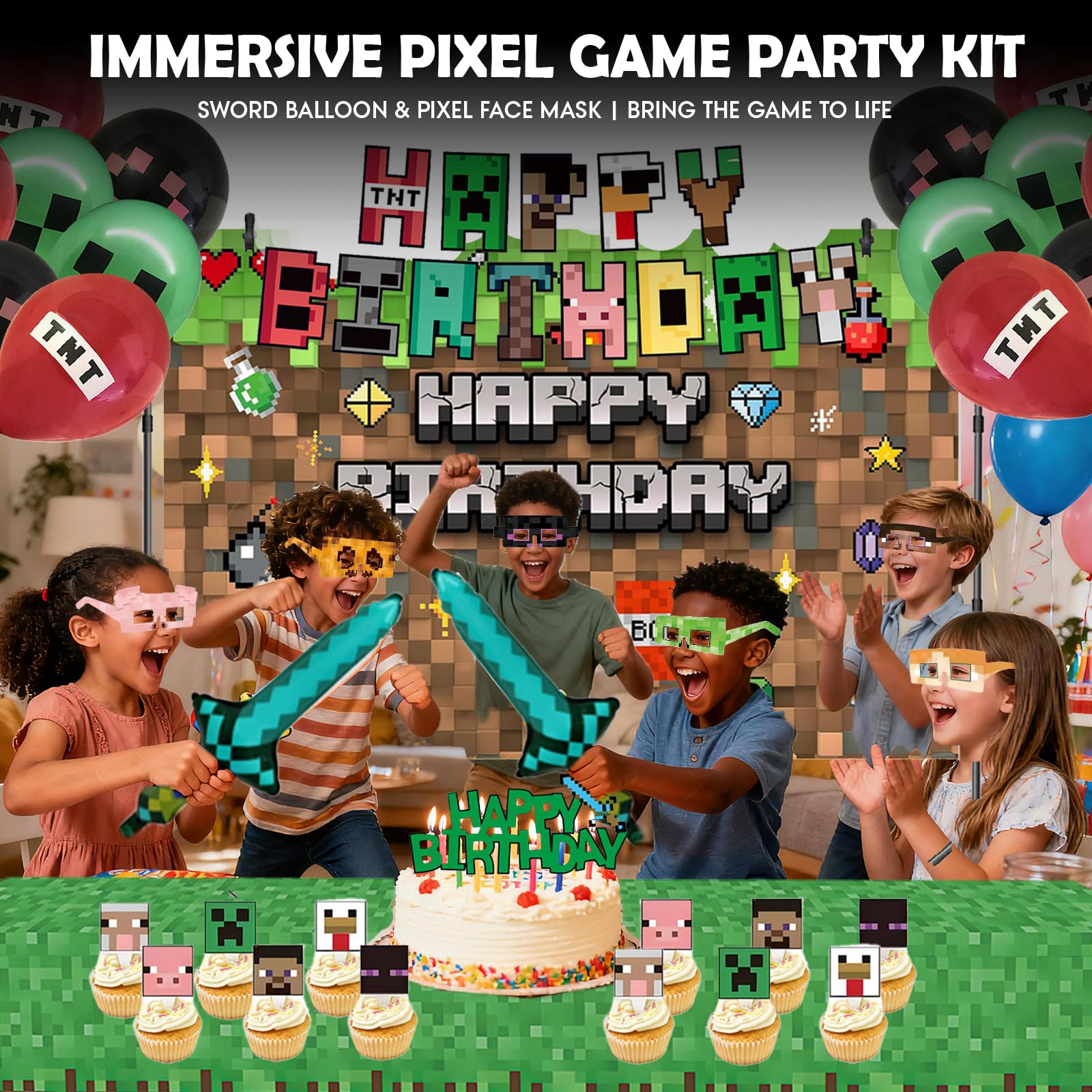 Pixel game birthday cake topper and cupcake toppers