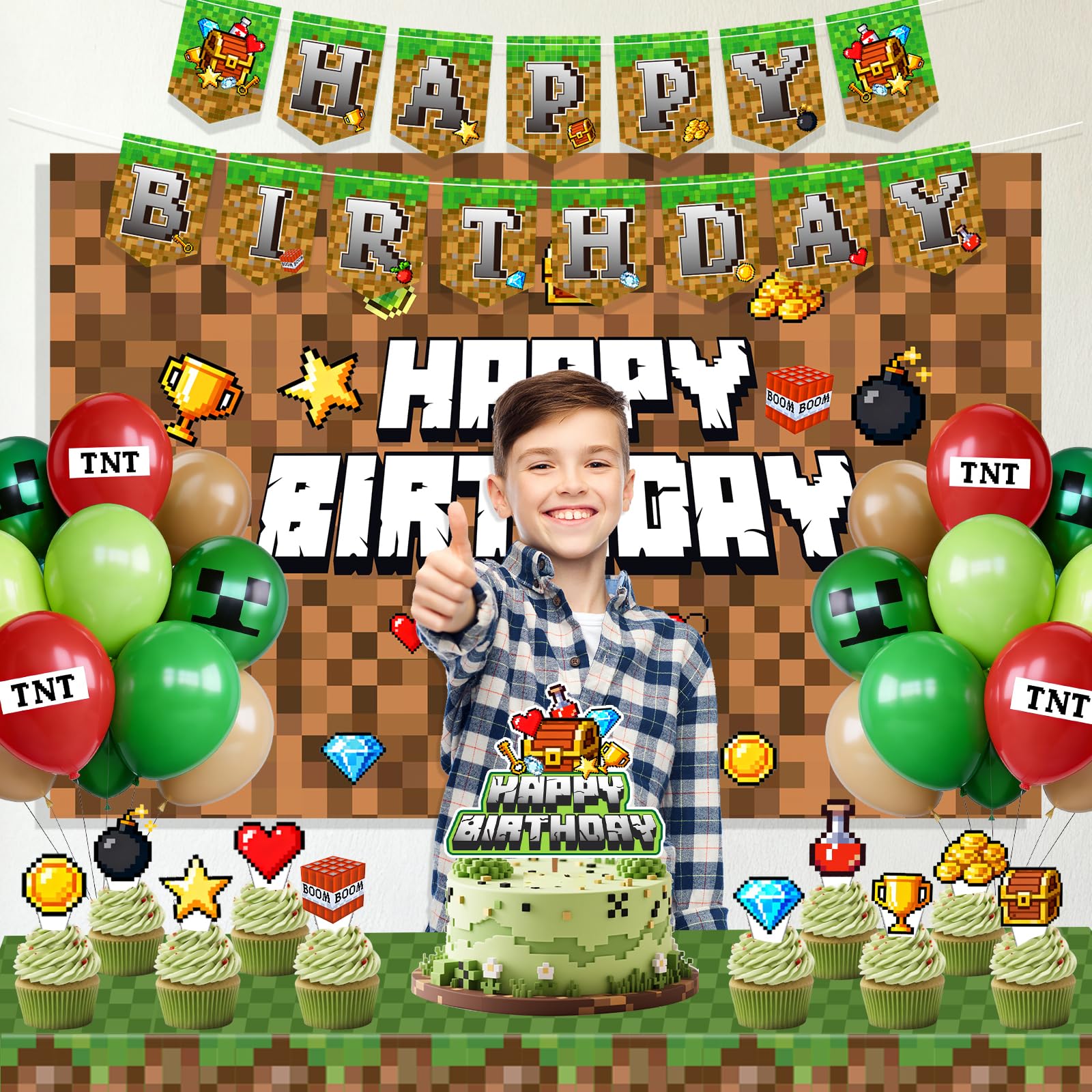 Happy Birthday banner with Pixel Game backdrop setup