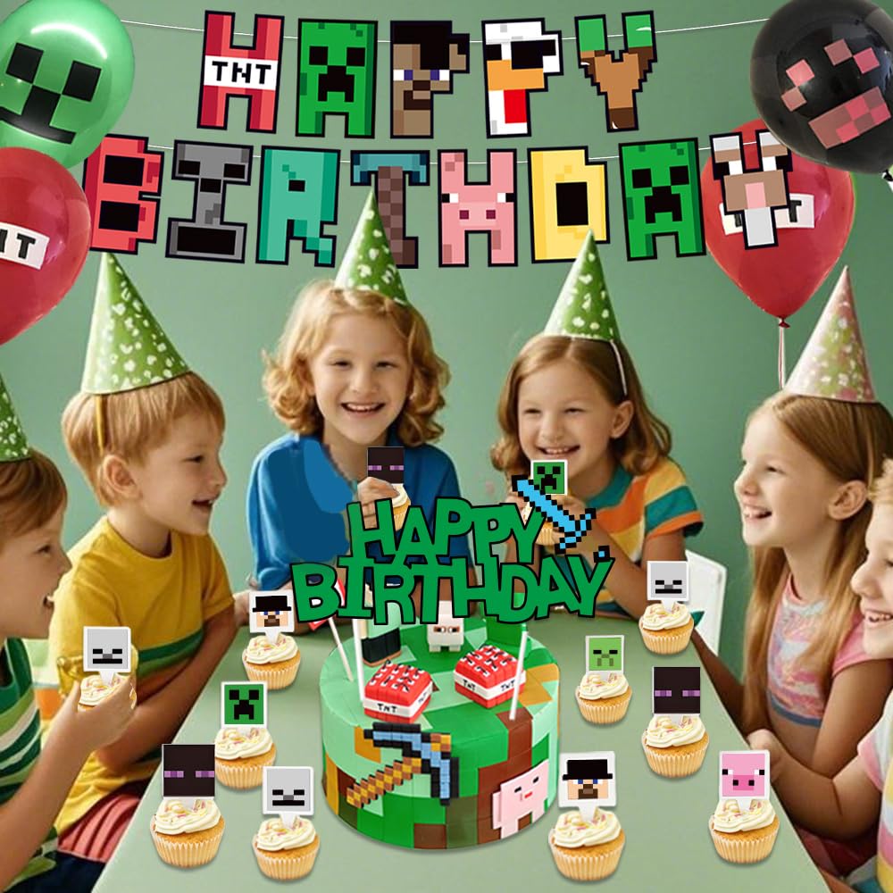 Pixel game birthday decorations invitation cards