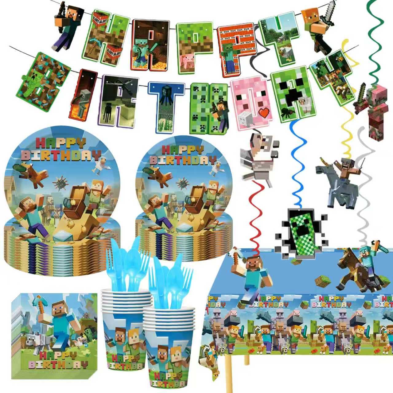 Pixel themed party decorations set with plates cups and napkins for 20 guests