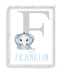 Pixie Paper personalized blue watercolor elephant print for baby boy nursery