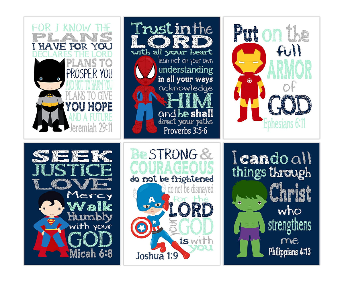 Pixie Paper superhero nursery prints set of 6 unframed blue mint