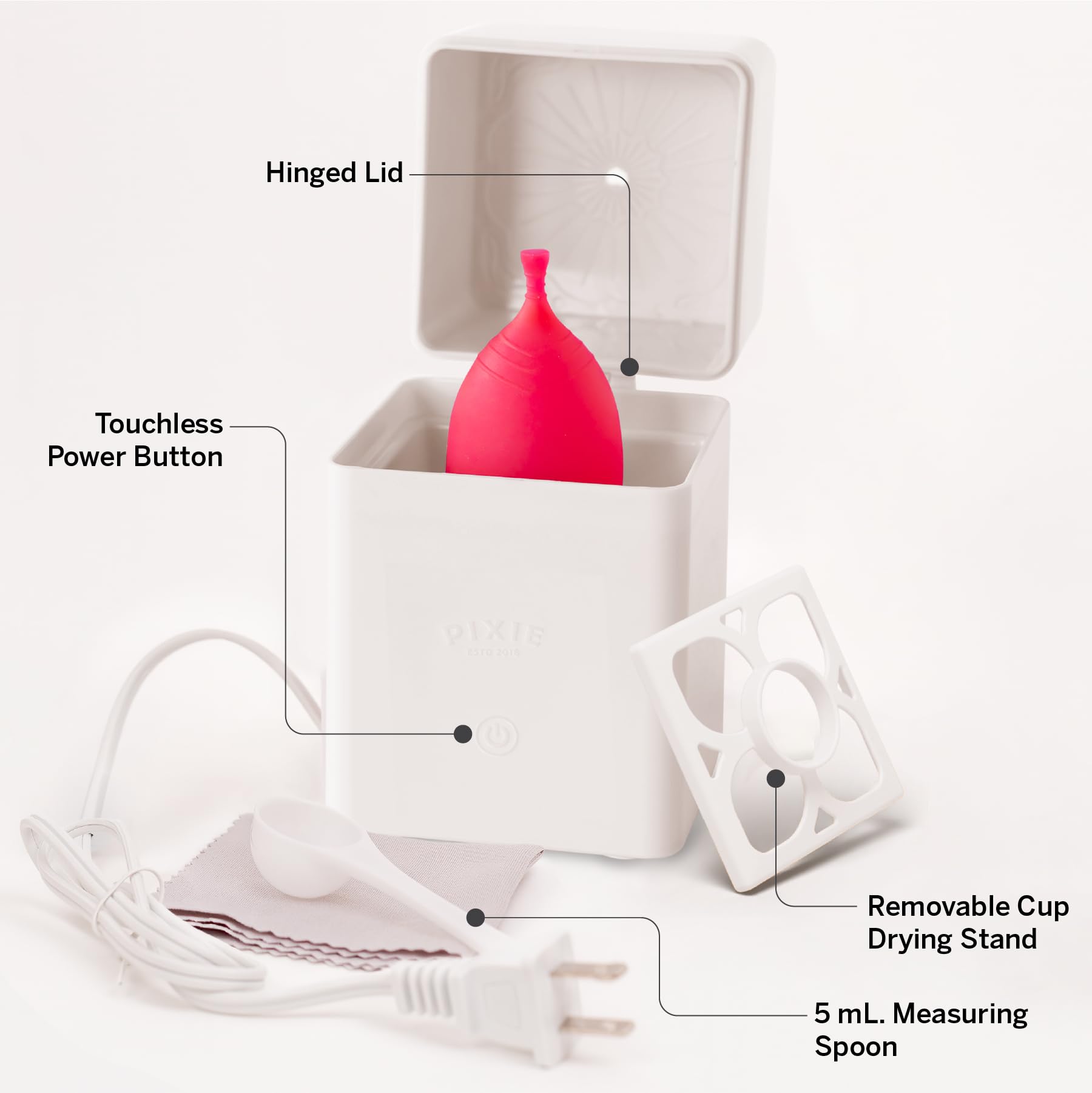 White Pixie menstrual cup steam cleaner with compact design