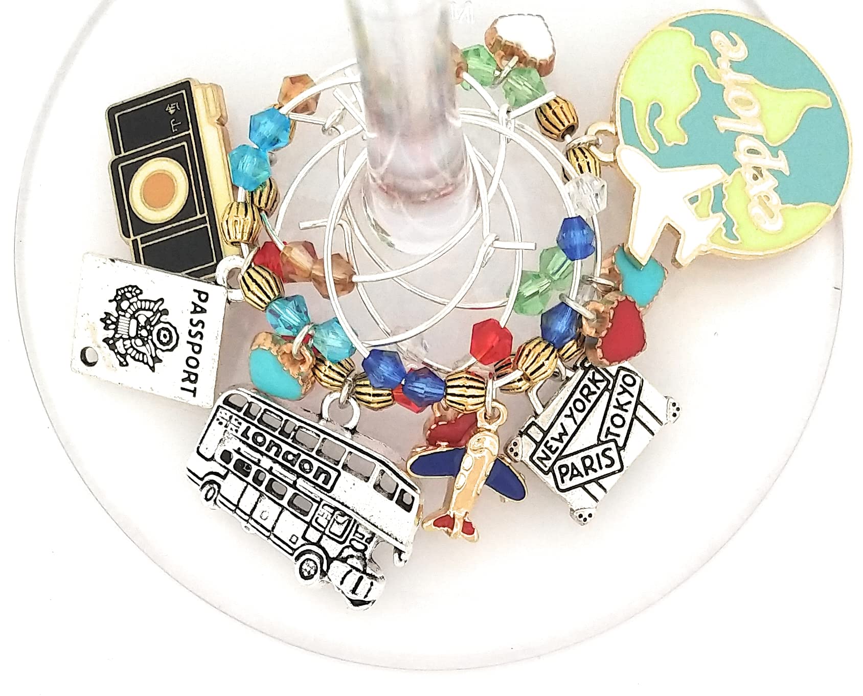 silver-tone 1-inch round wine charm rings with enamel charms