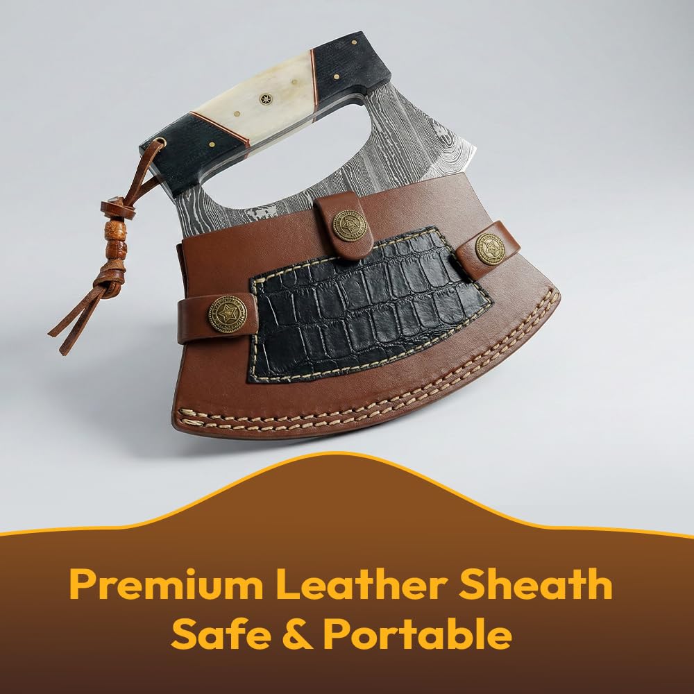 Portable ulu knife with leather sheath and secure grip