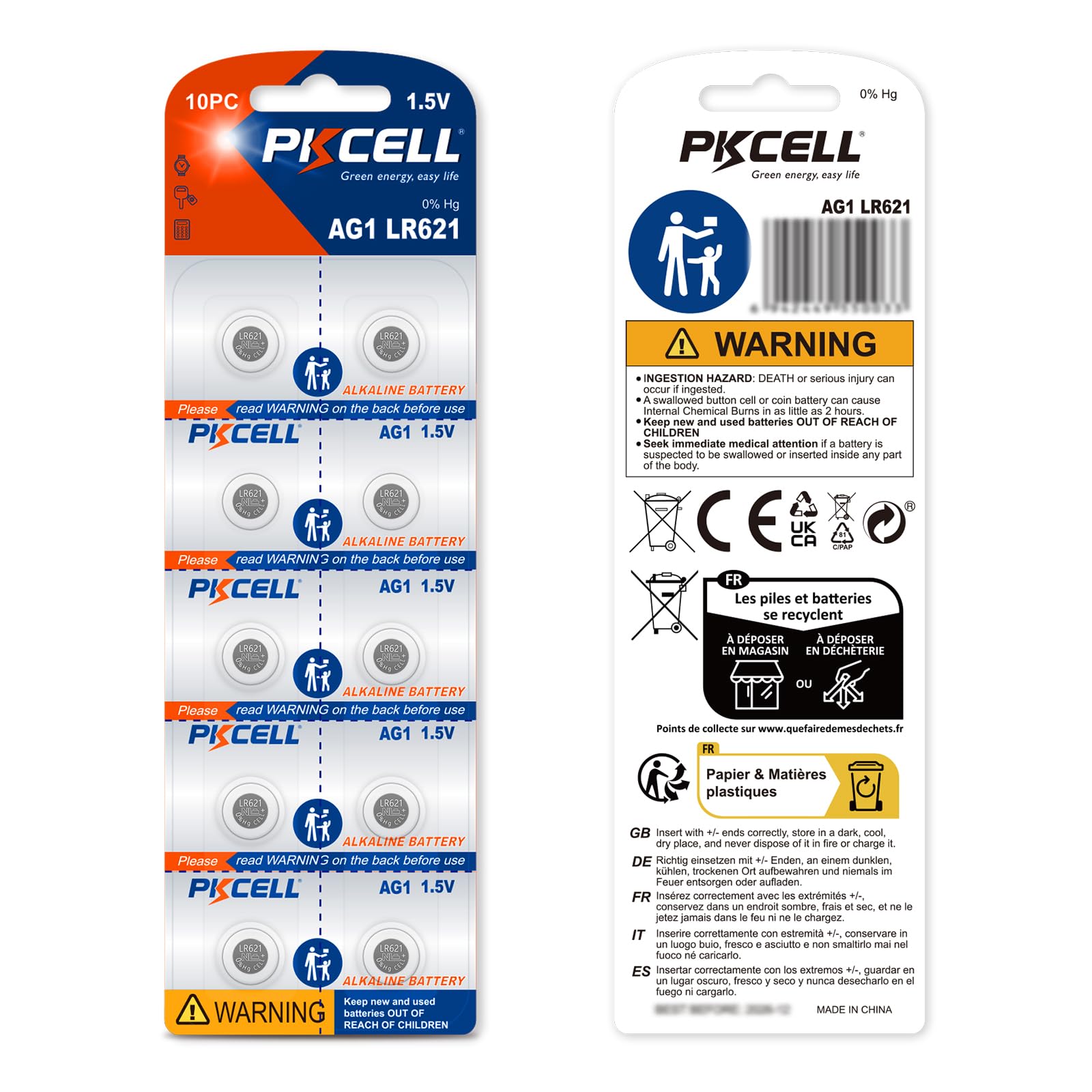 PKCELL SR621sw watch battery blister packaging