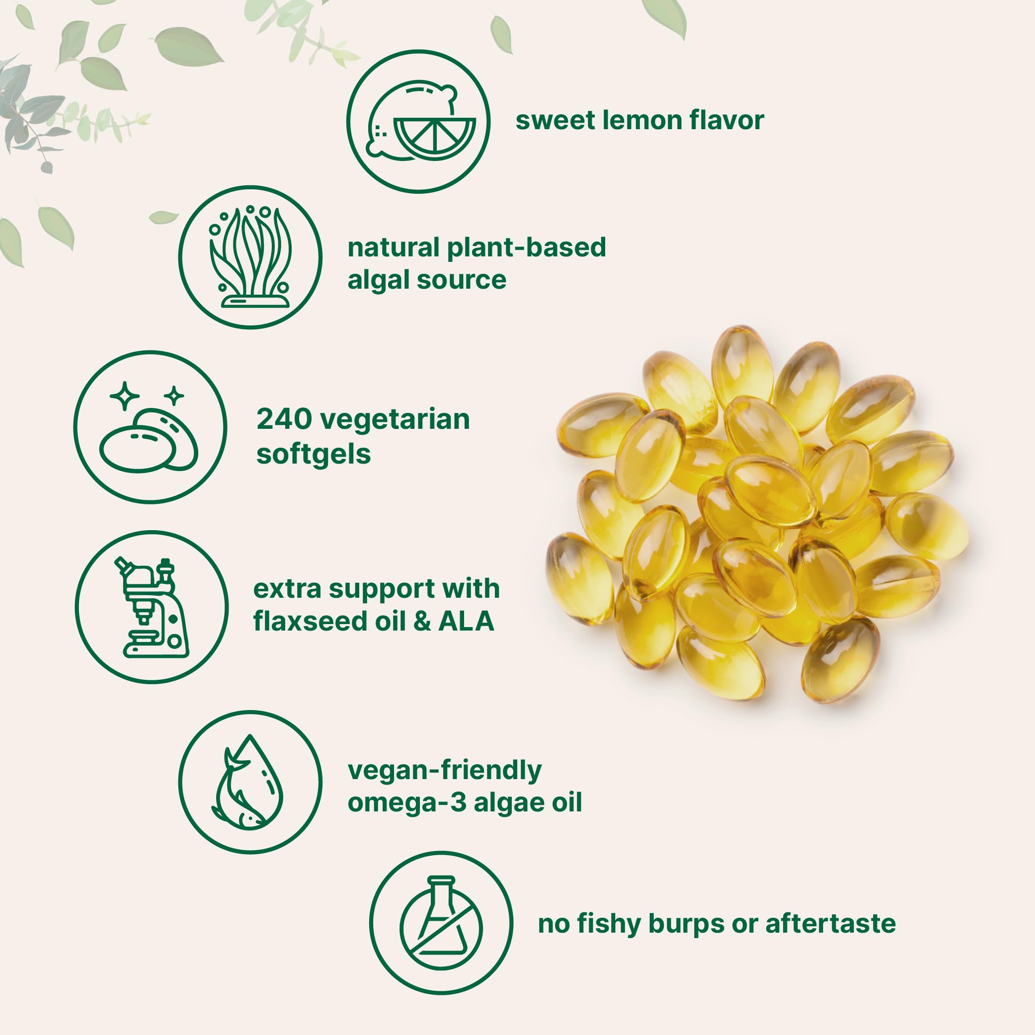 Non-GMO vegan omega-3 algae oil softgels soy dairy gluten free