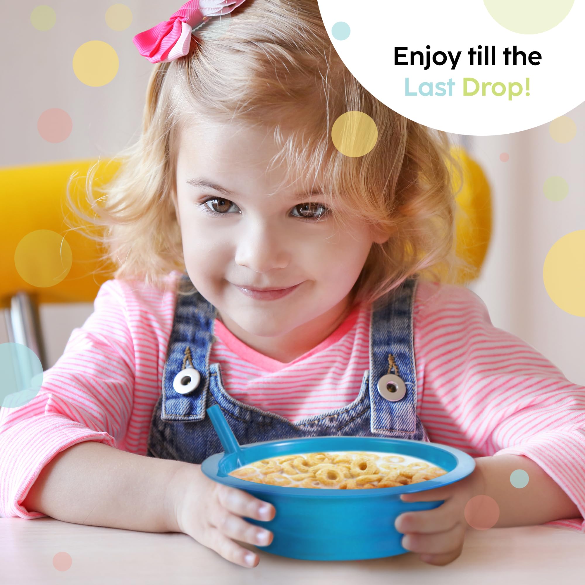 Stackable lightweight kid bowls with smooth edges and straw