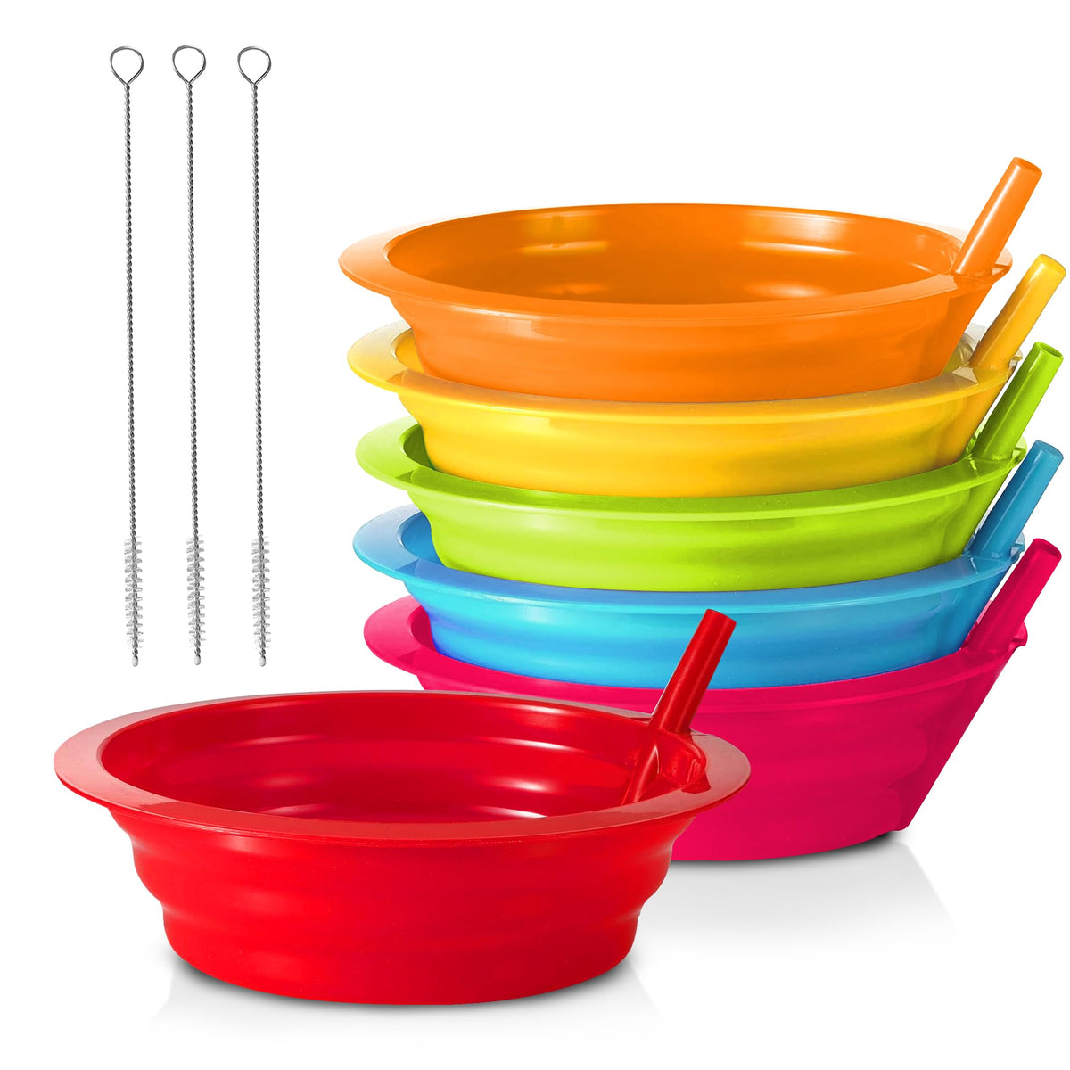 PLASKIDY kids cereal bowls with built-in straws set of 6 assorted colors