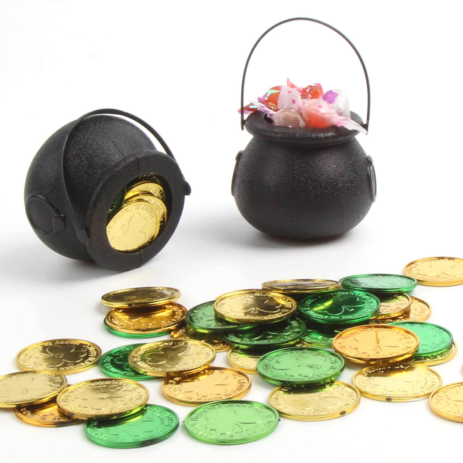 plastic cauldrons with foil-coated shamrock coins