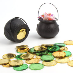 plastic cauldrons with foil-coated shamrock coins