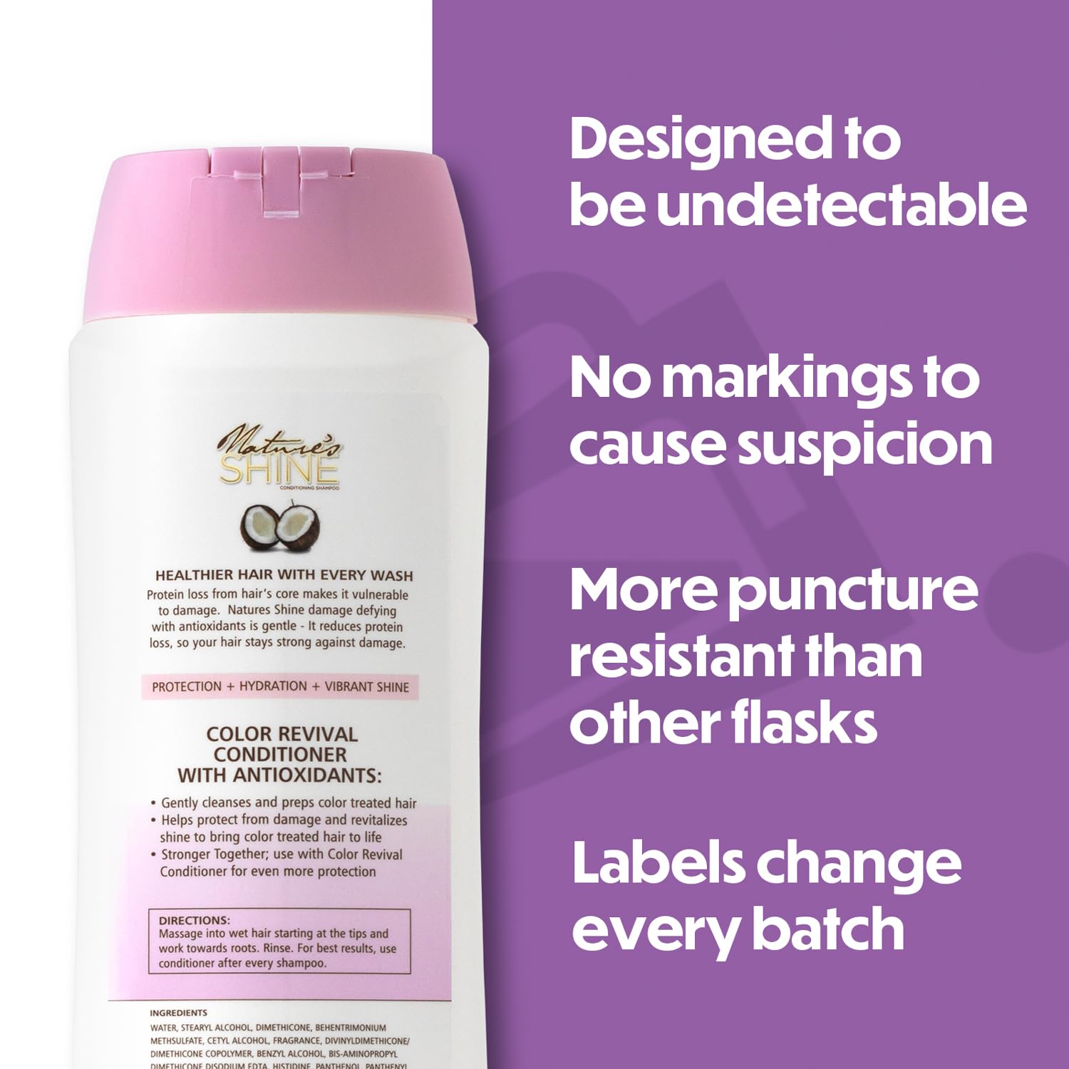 Plastic flask disguised as liquor bottle with shampoo label