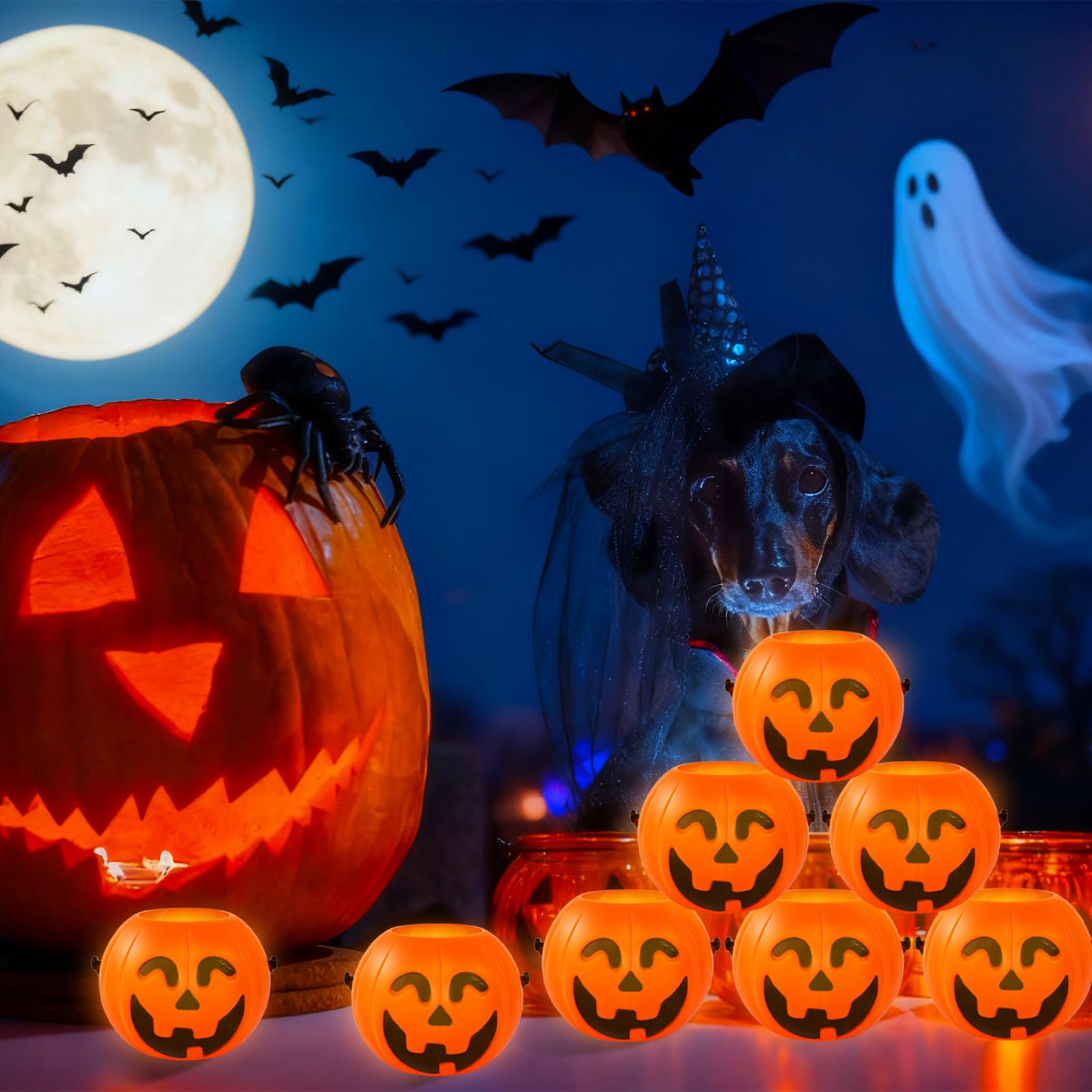 Portable trick or treat candy bucket with black plastic handle