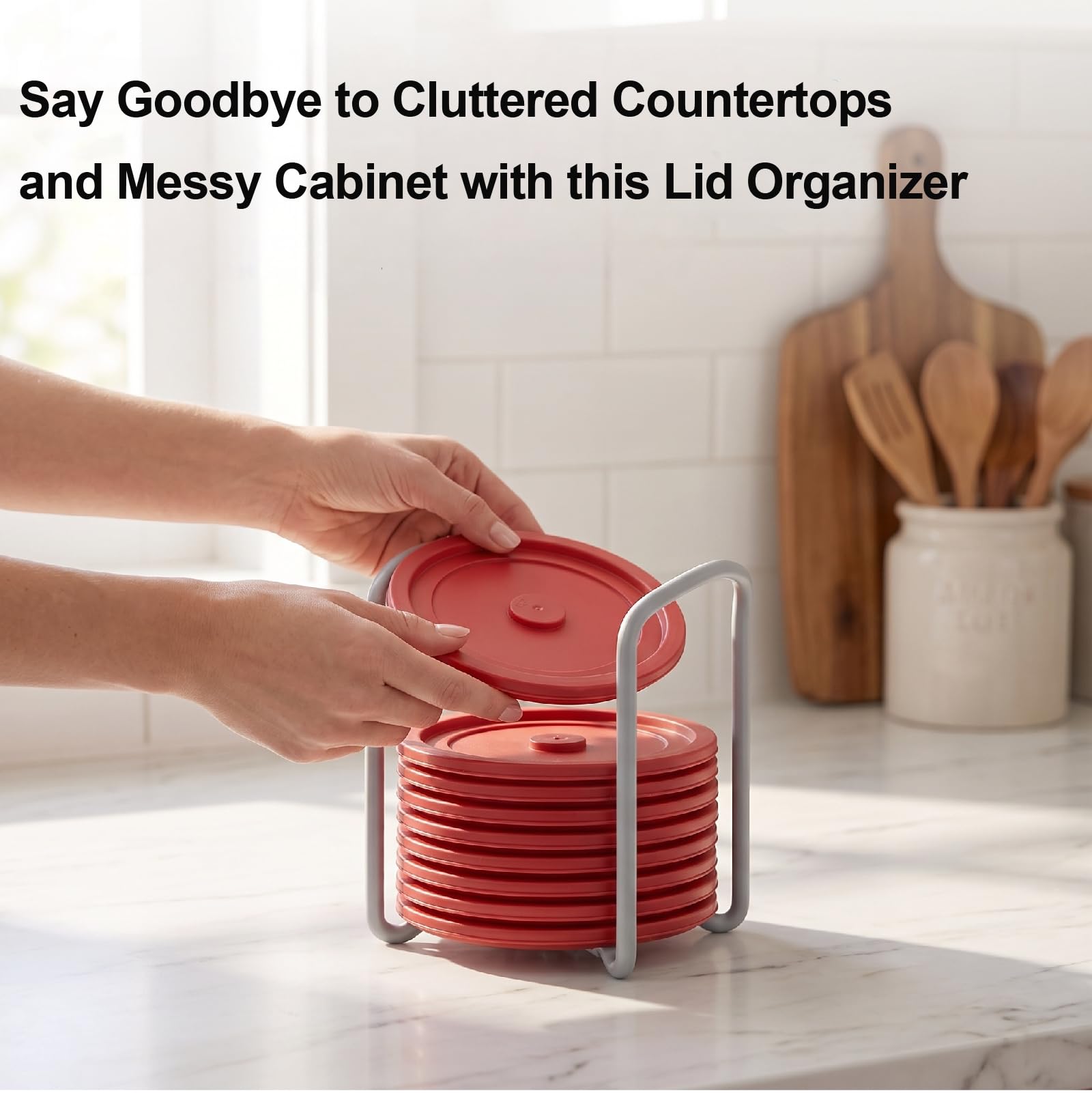 Lid organizer for Rubbermaid Brilliance and other brands in cabinet