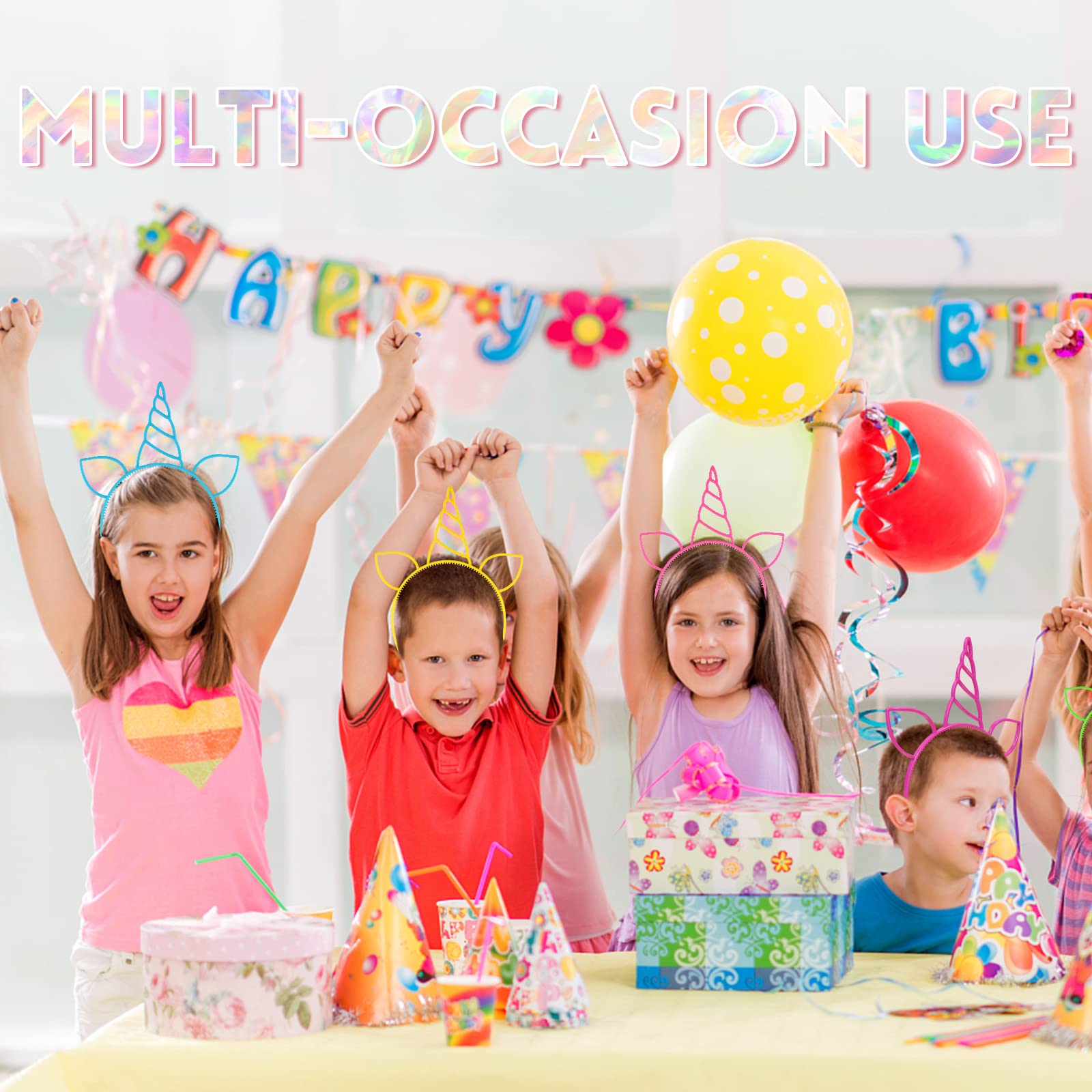 Headbands shown as party favors for unicorn themed events