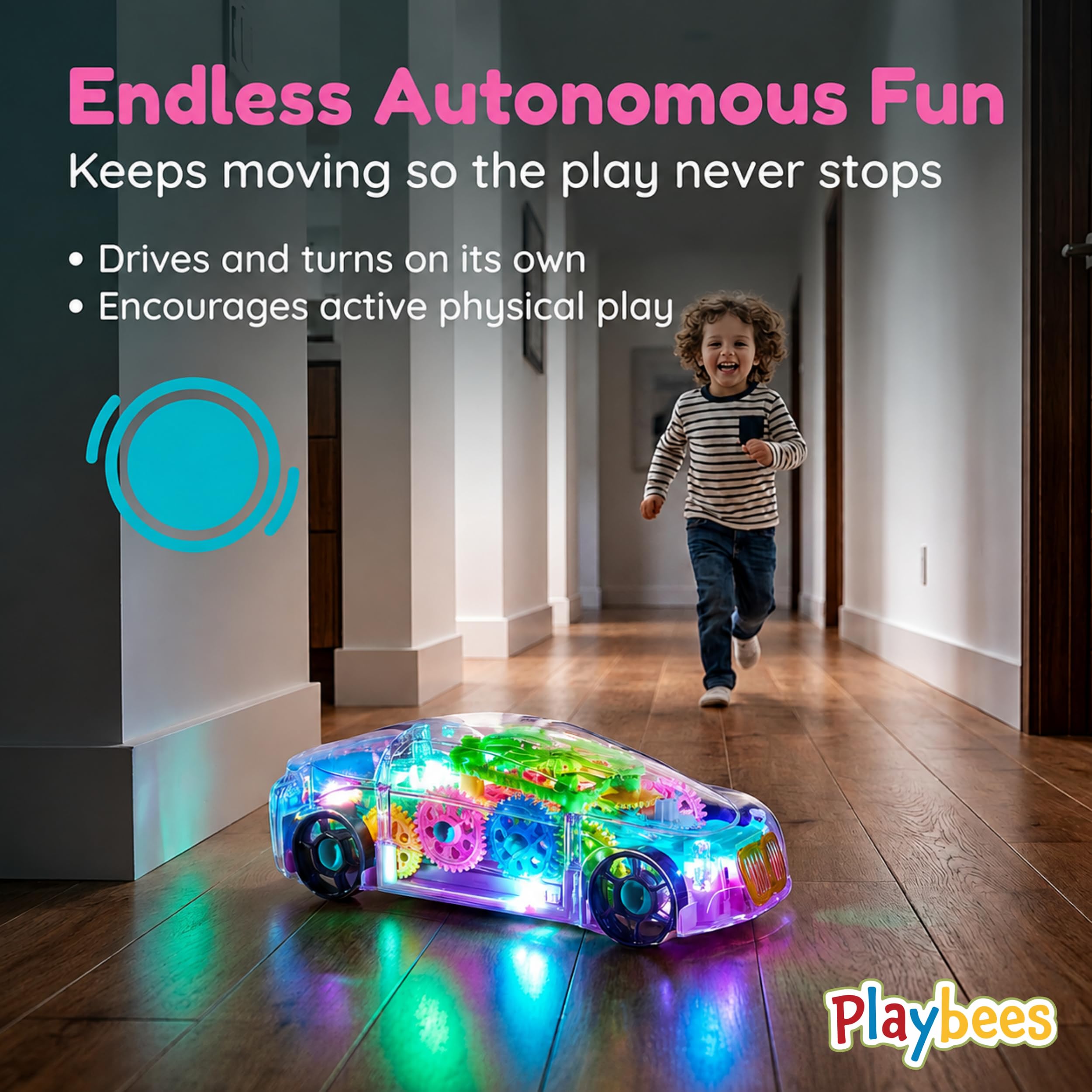 Transparent car toy showing colorful gears by Playbees
