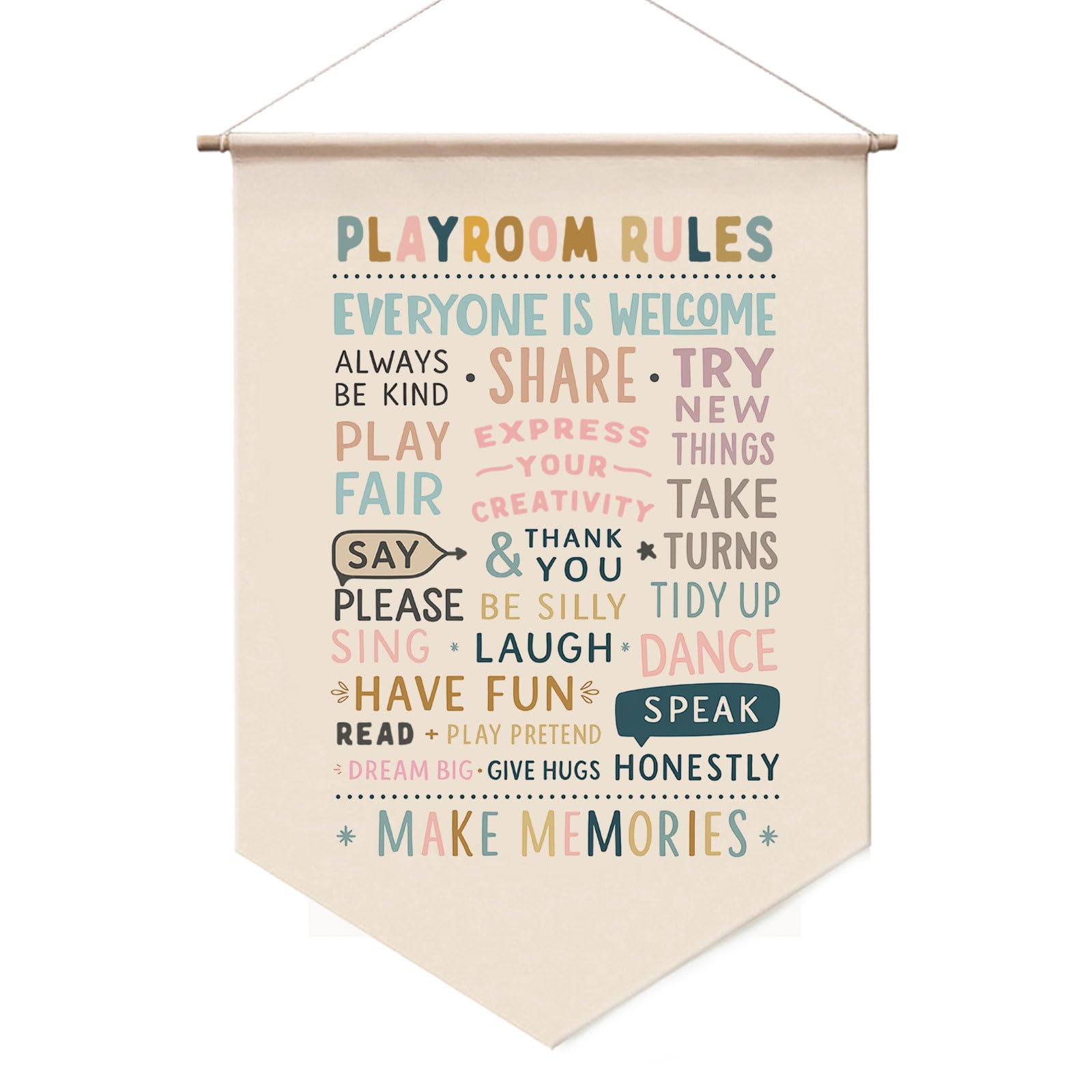 Playroom Rules Wall Art fabric banner with pine wood rods in kids room