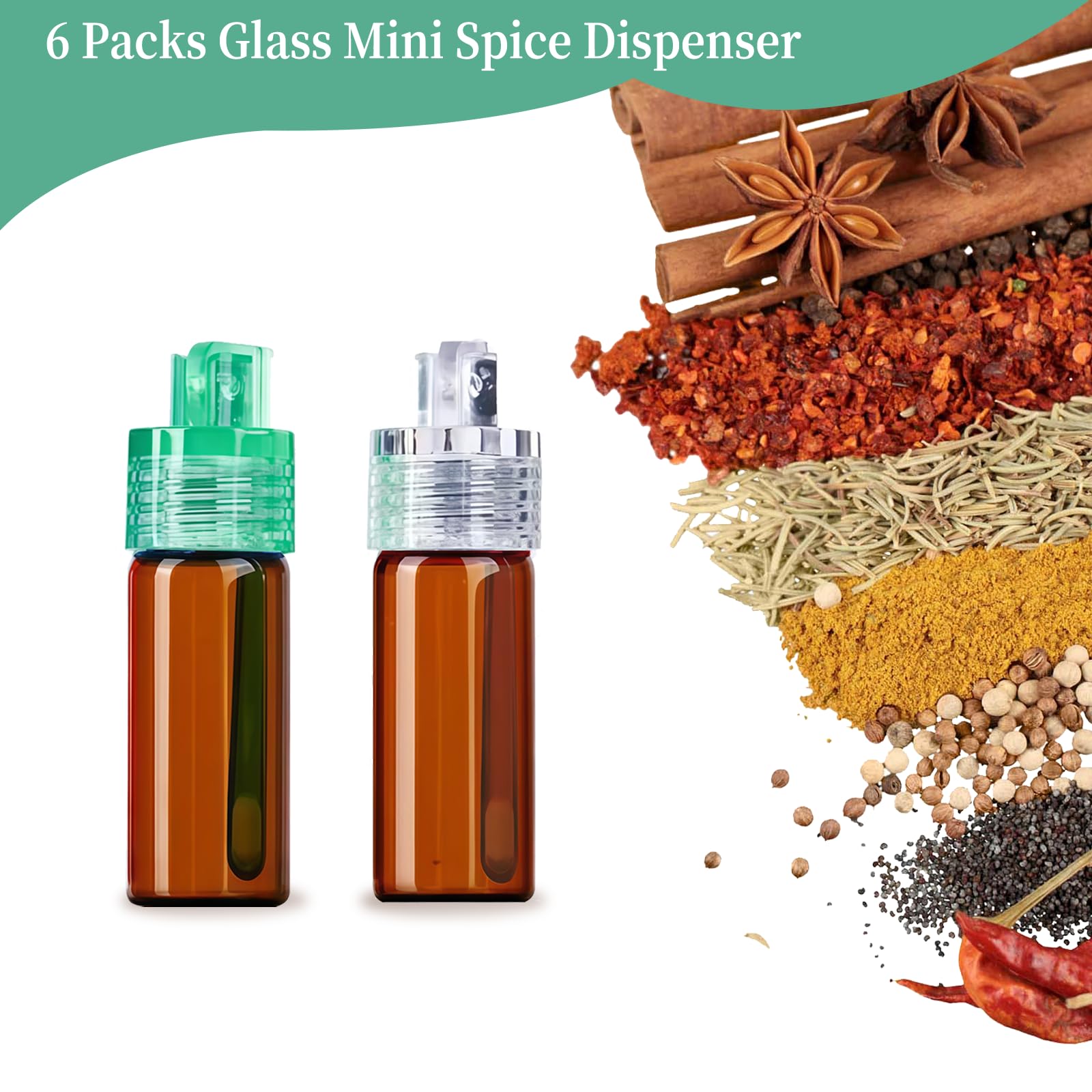 Transparent spice containers with spoon lid close up
