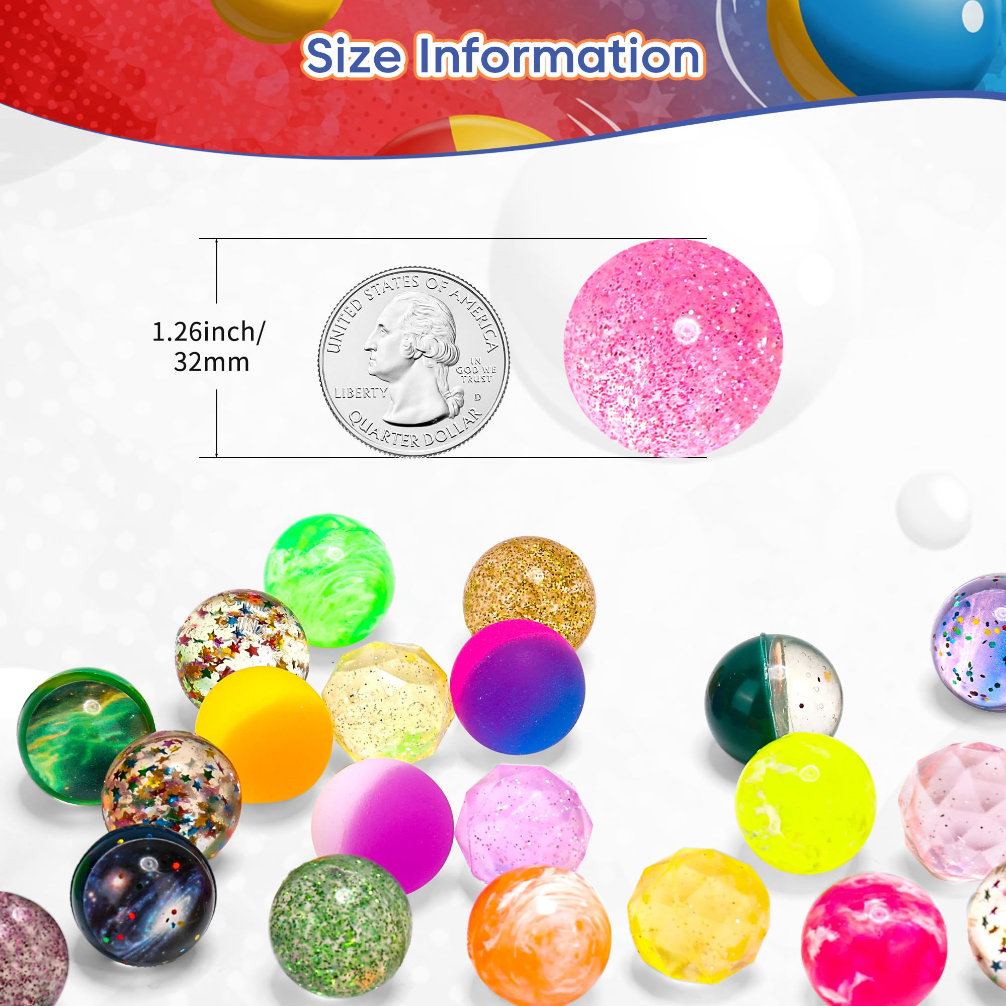 Six styles of Pllieay 32mm bouncy balls in vibrant colors for kids