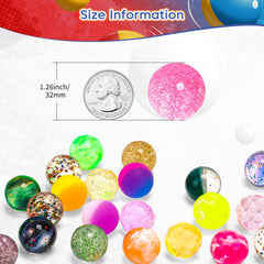 Six styles of Pllieay 32mm bouncy balls in vibrant colors for kids