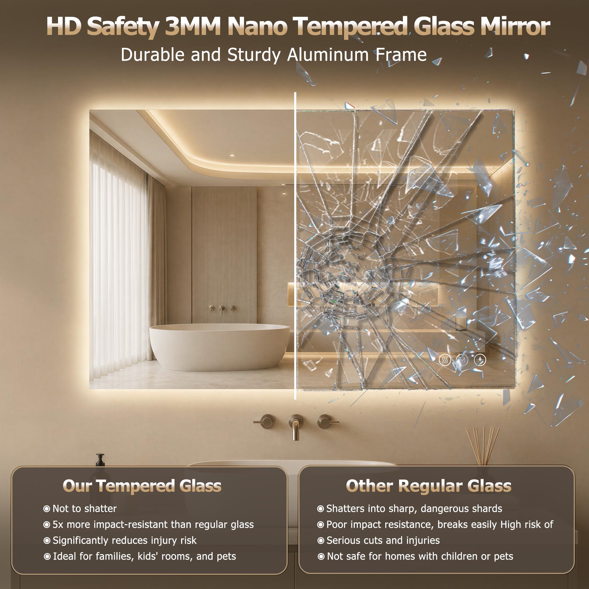 Frameless mirror with aluminum mounting bracket