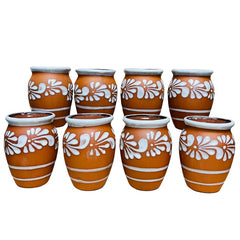Eight white Plumeado Cantarito Cups set for Fiesta Clay Cantarito