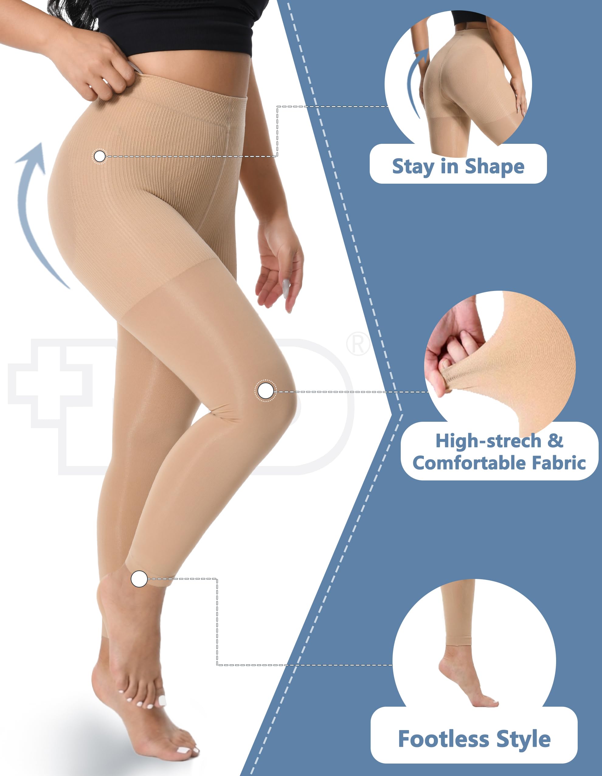 Plus MD graduated compression pantyhose women nude s/m fabric detail