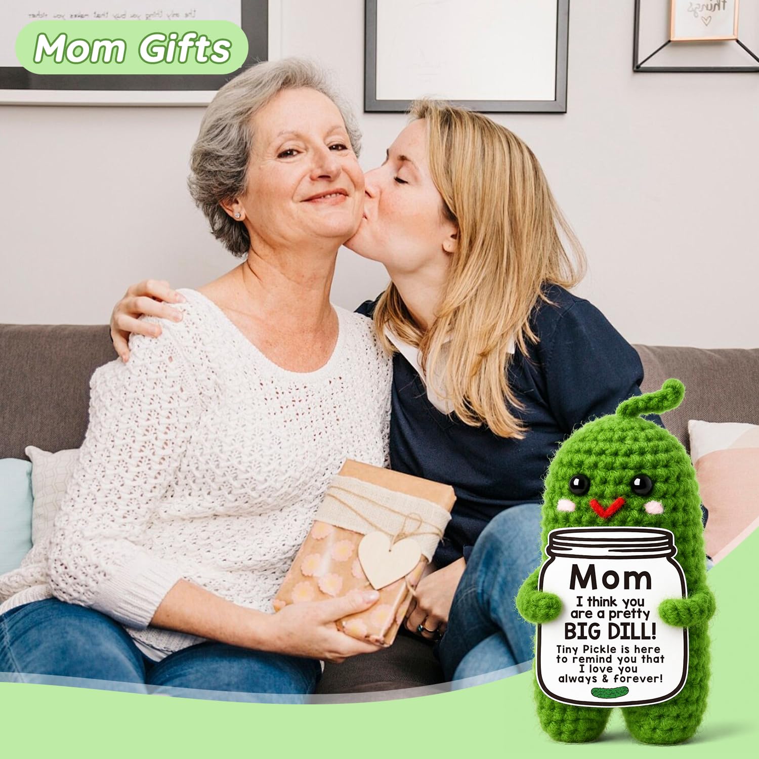Decorative crochet pickle gift for mom with reminder card