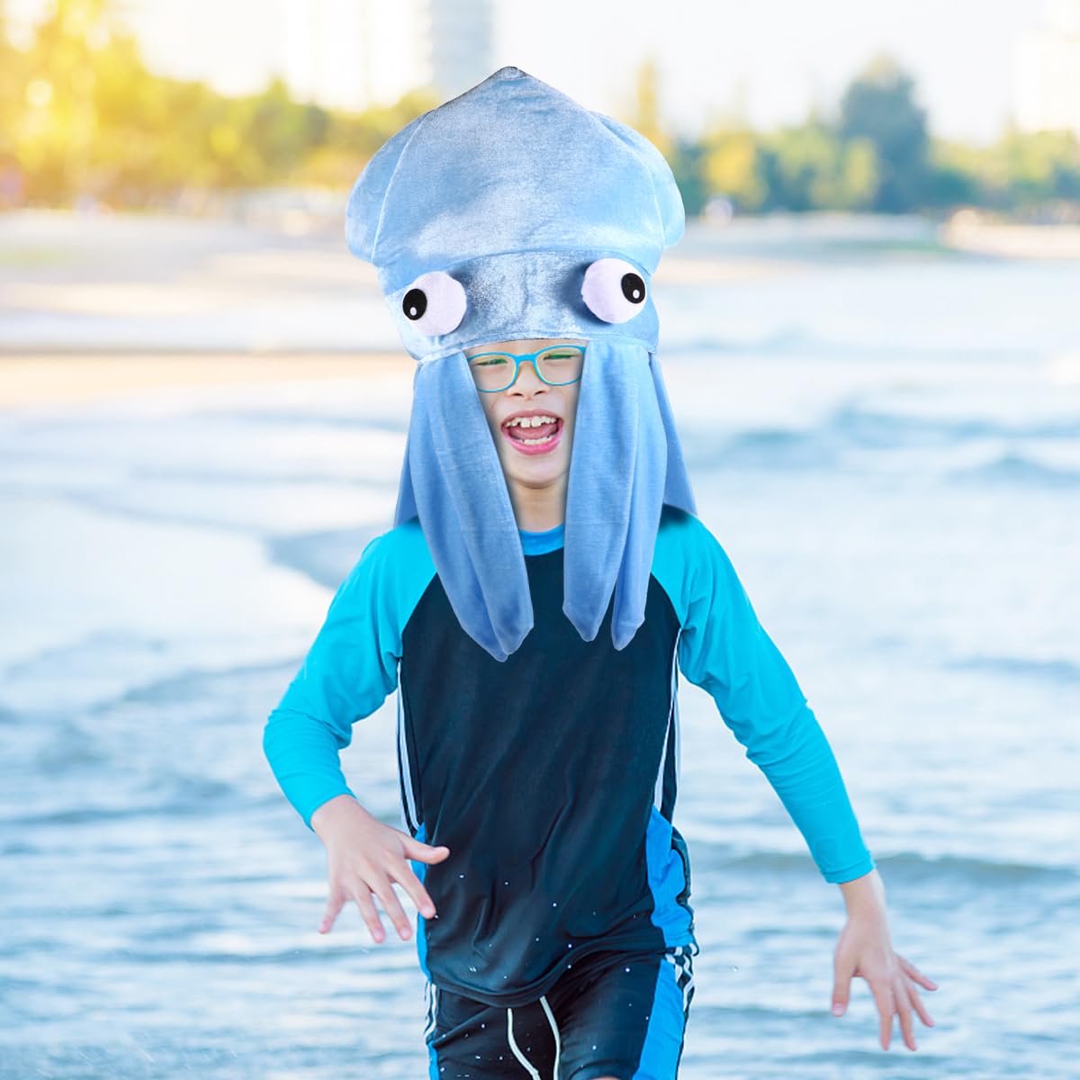 Squid hat with giant eyes and flowing tentacles blue