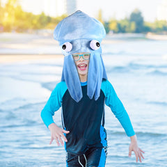 Squid hat with giant eyes and flowing tentacles blue