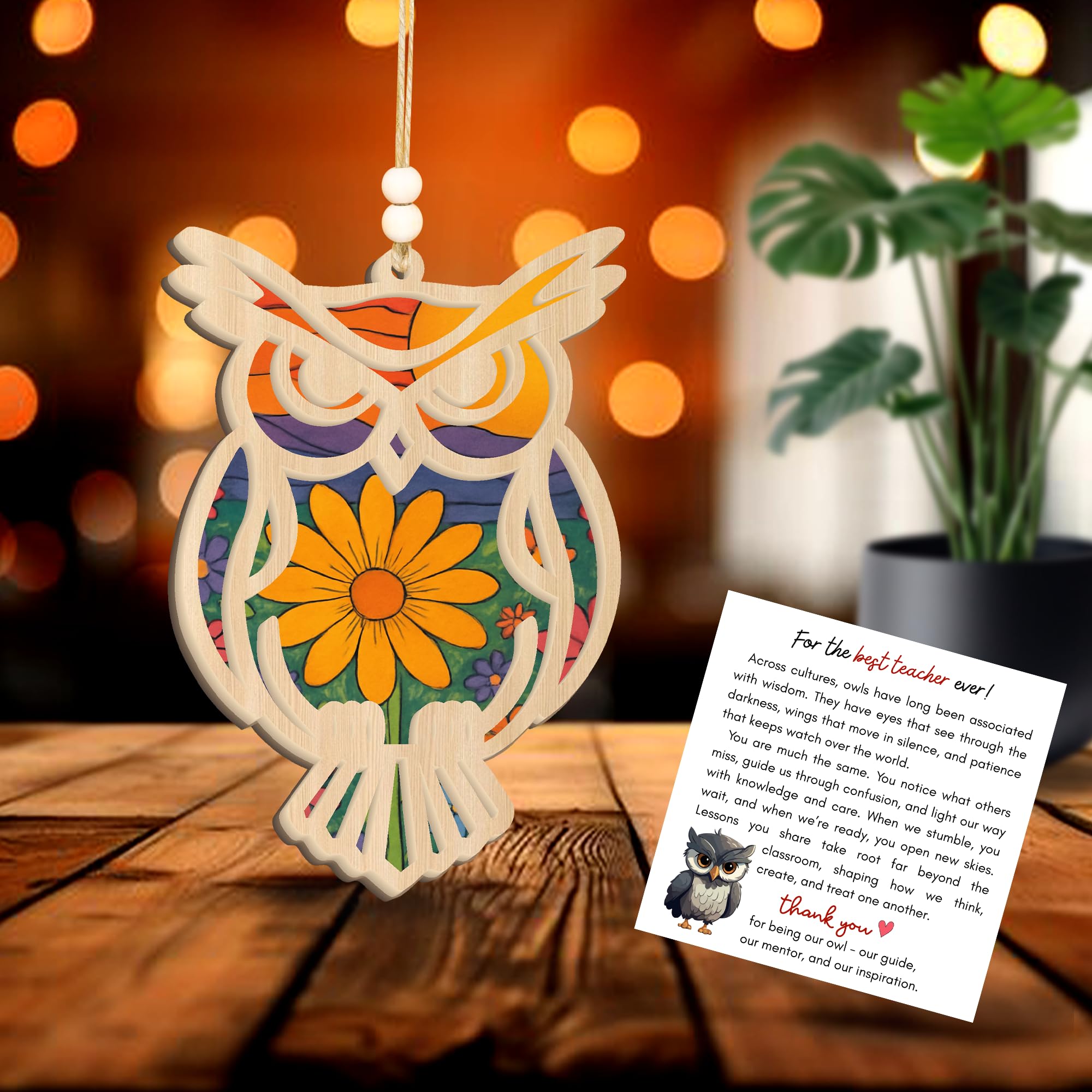 Owl suncatcher ornament packaging with message card and cord