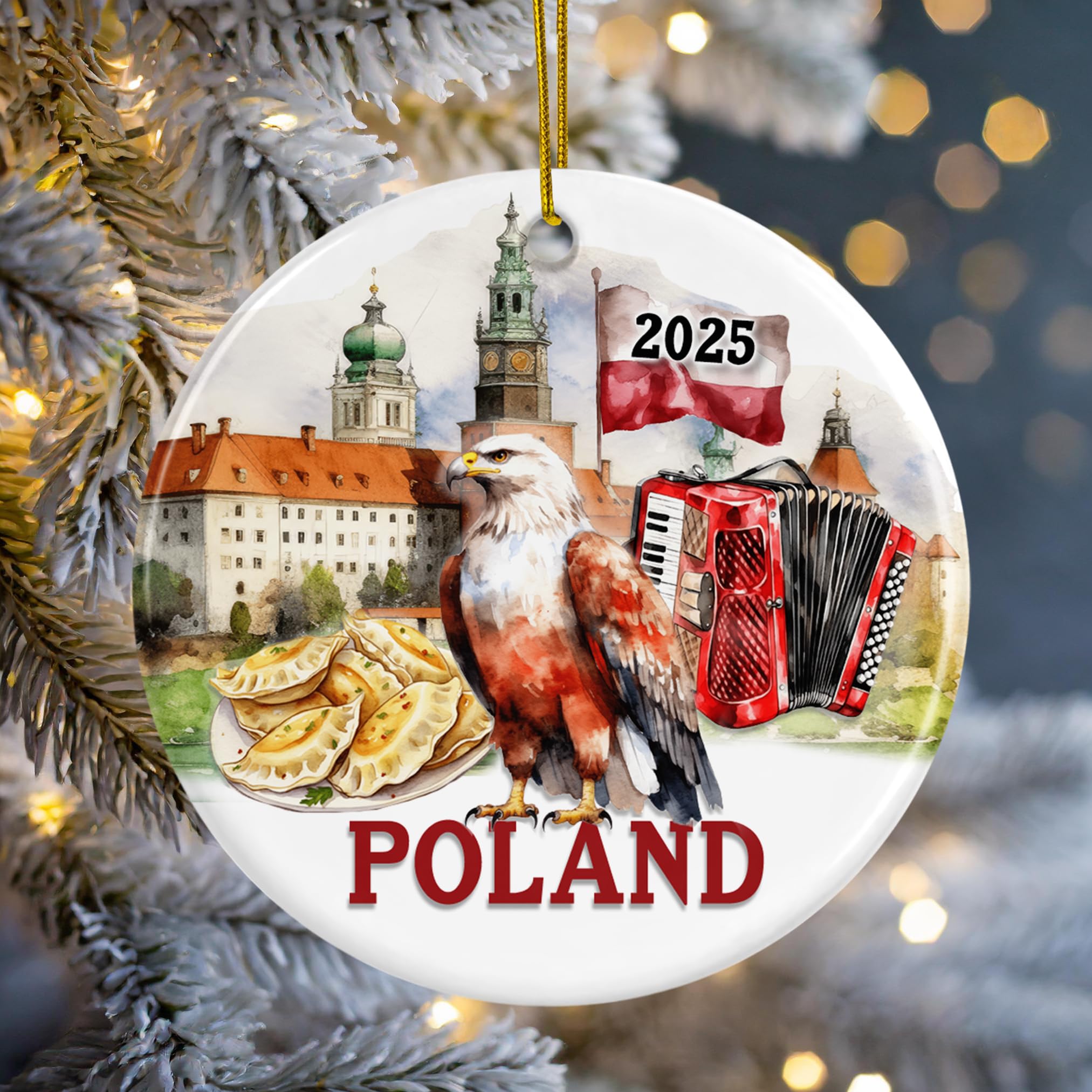 Front printed Poland collage ornament with 2025 text