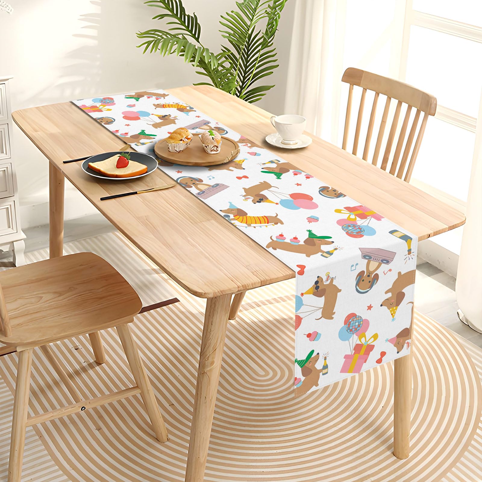 Bright colors dachshund party table runner for indoor outdoor use