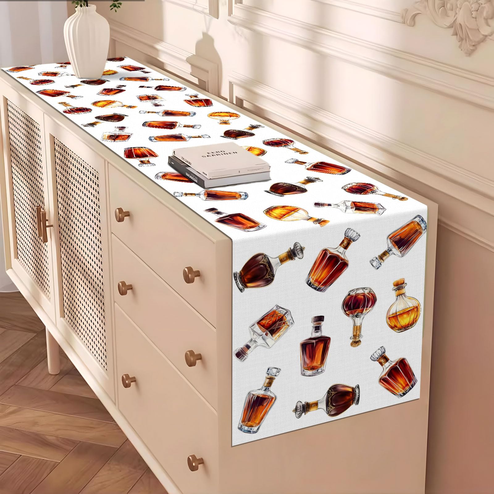 Indoor outdoor whiskey party decor table runner on kitchen island