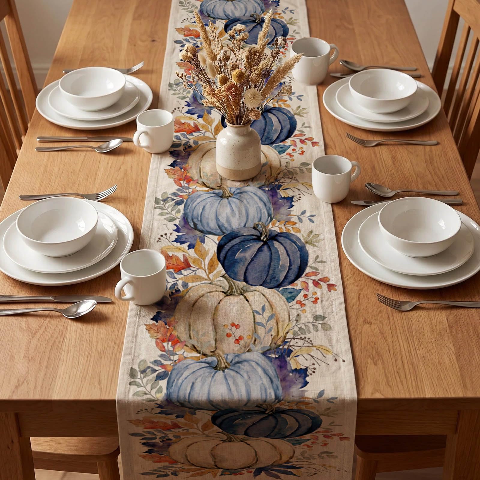 Blue Pumpkin Maple Leaf Fall Dinging Table Runner 13x72 Inch holiday table setting