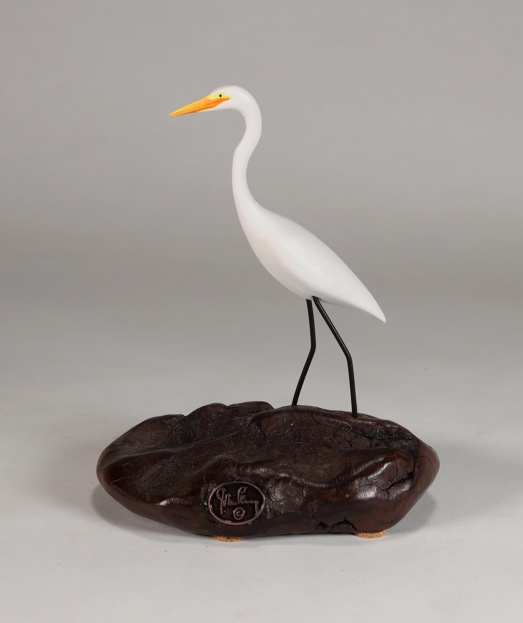 Egret sculpture 4 inches tall on burlwood base