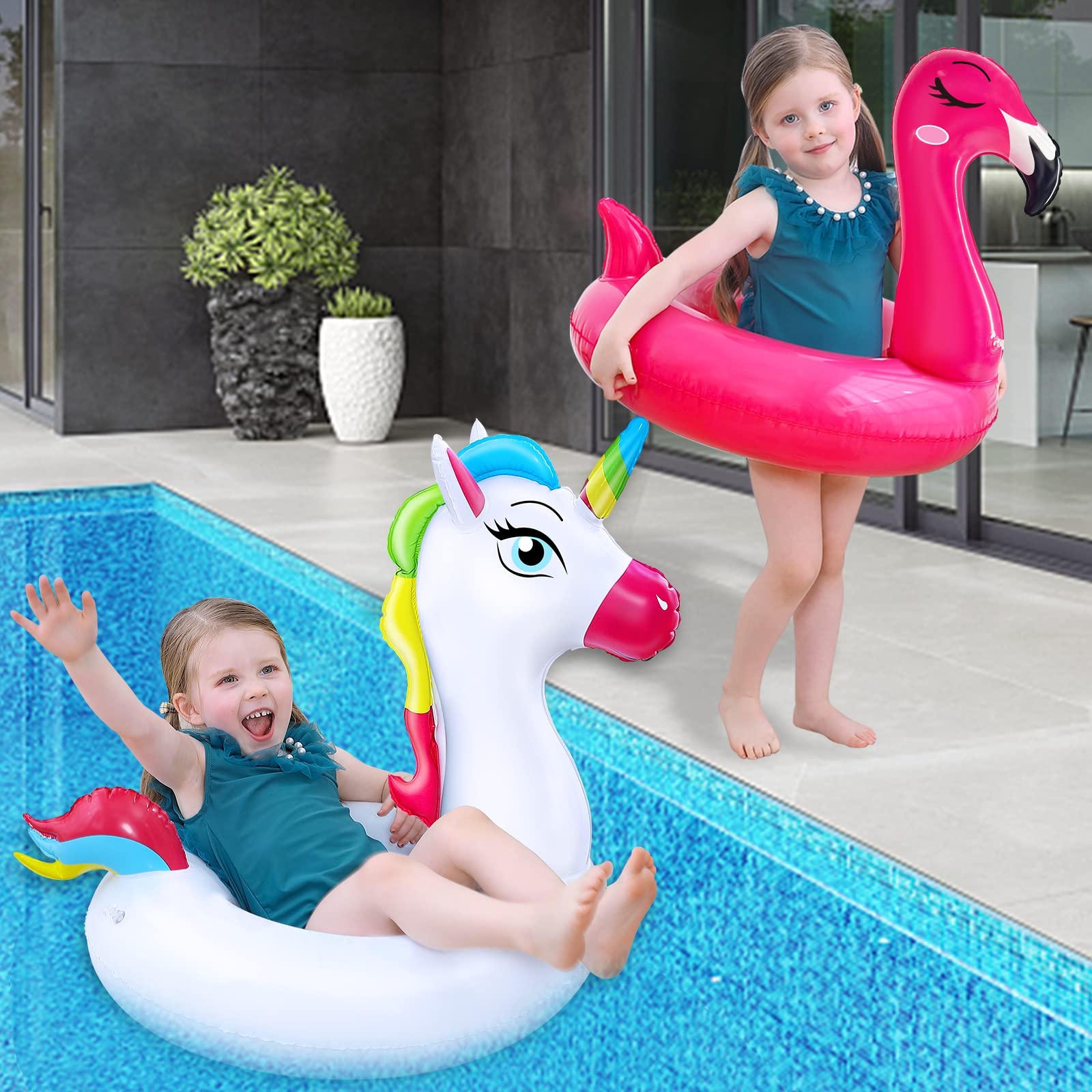 Flamingo and unicorn pool floats for outdoor water fun