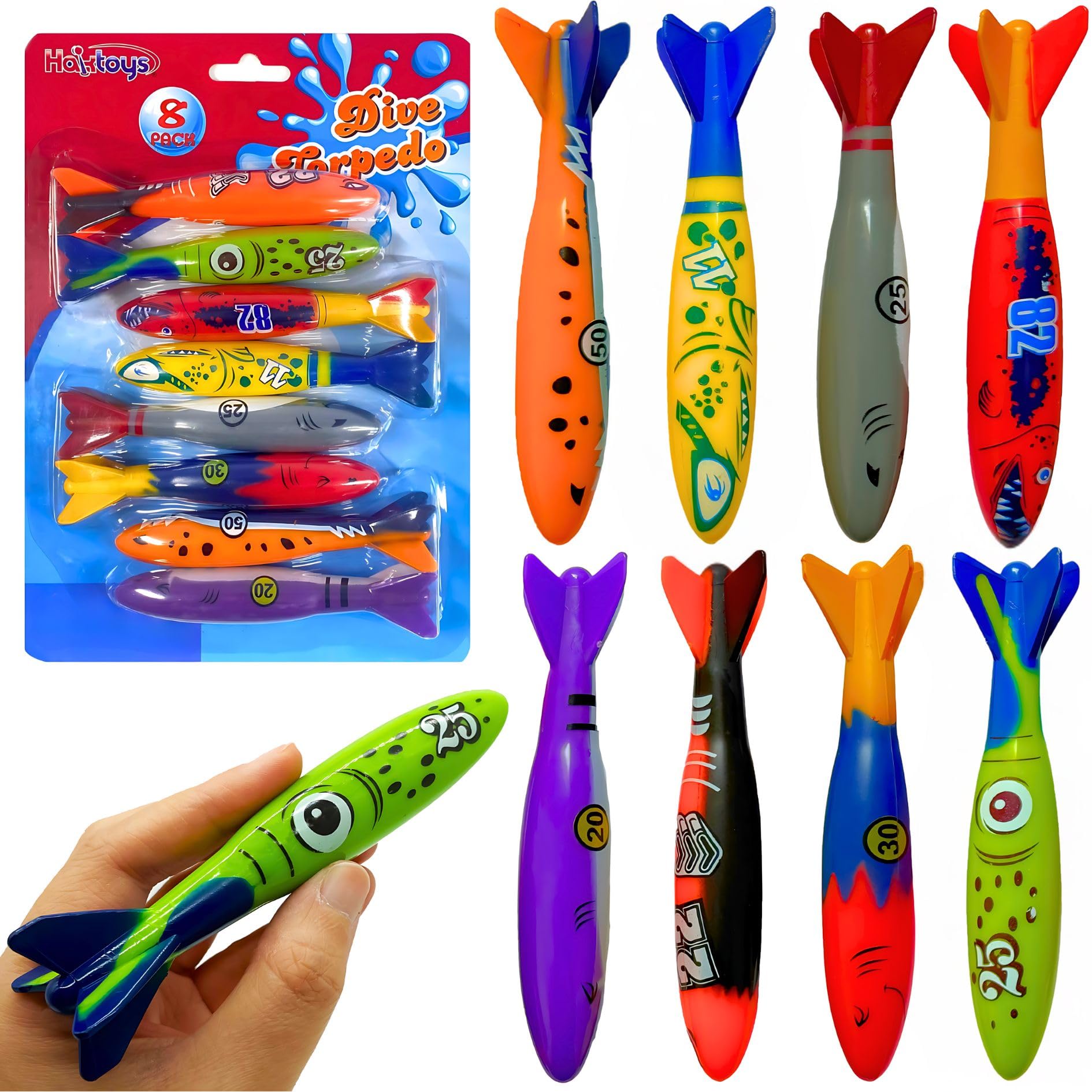 Kids and adults playing with Haktoys pool torpedoes in water