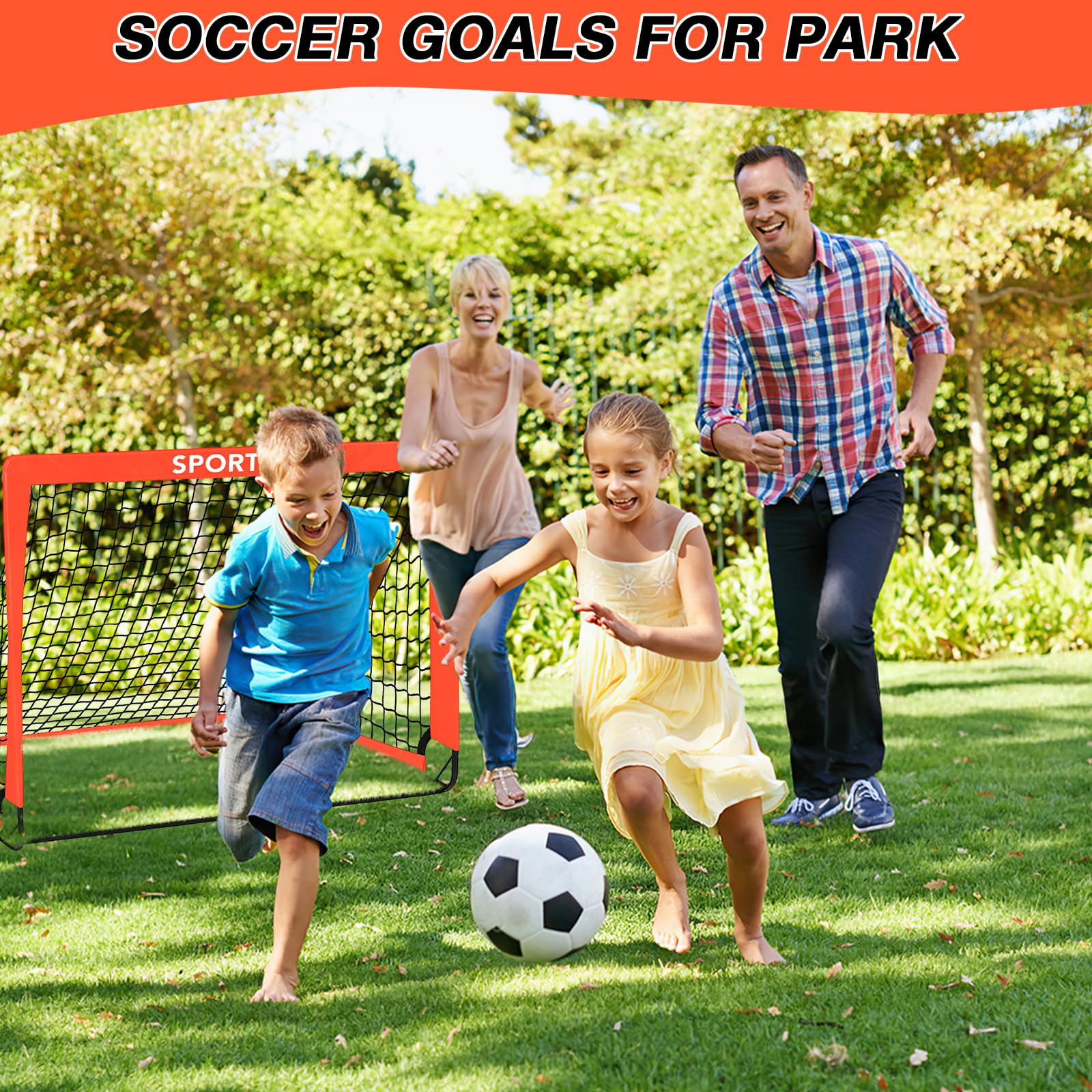 Bright orange goal frame and black net for training