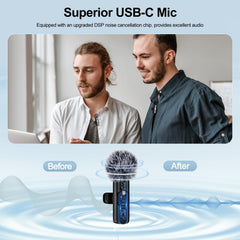 Lapel microphone shown connected to iPhone and Android devices