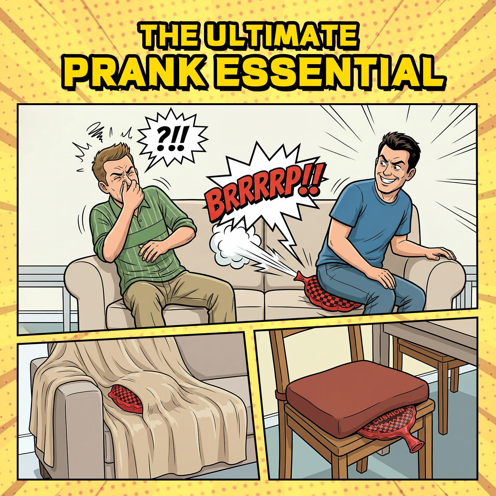 Prank cushion placed on table or sofa for mischief